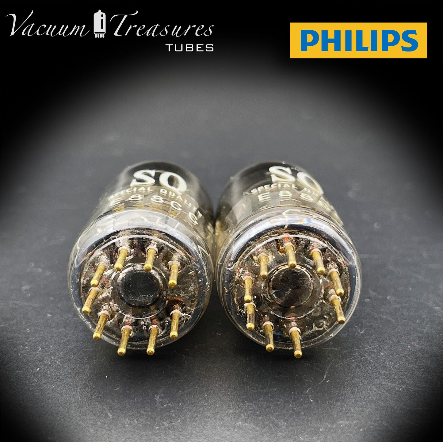 E88CC ( 6922 ) PHILIPS Special Quality Matched Pair Halo Getter Gold Pin Tubes Made in Holland '63