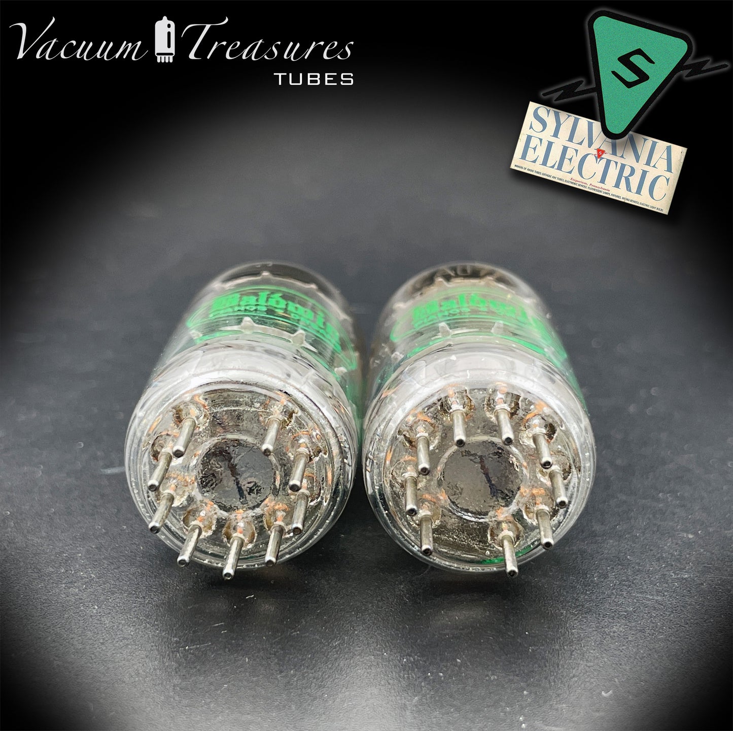 12AU7A / ECC82 NOS Baldwin by Sylvania Matched Pair Long Gray Plates Halo Getter Tubes USA '63