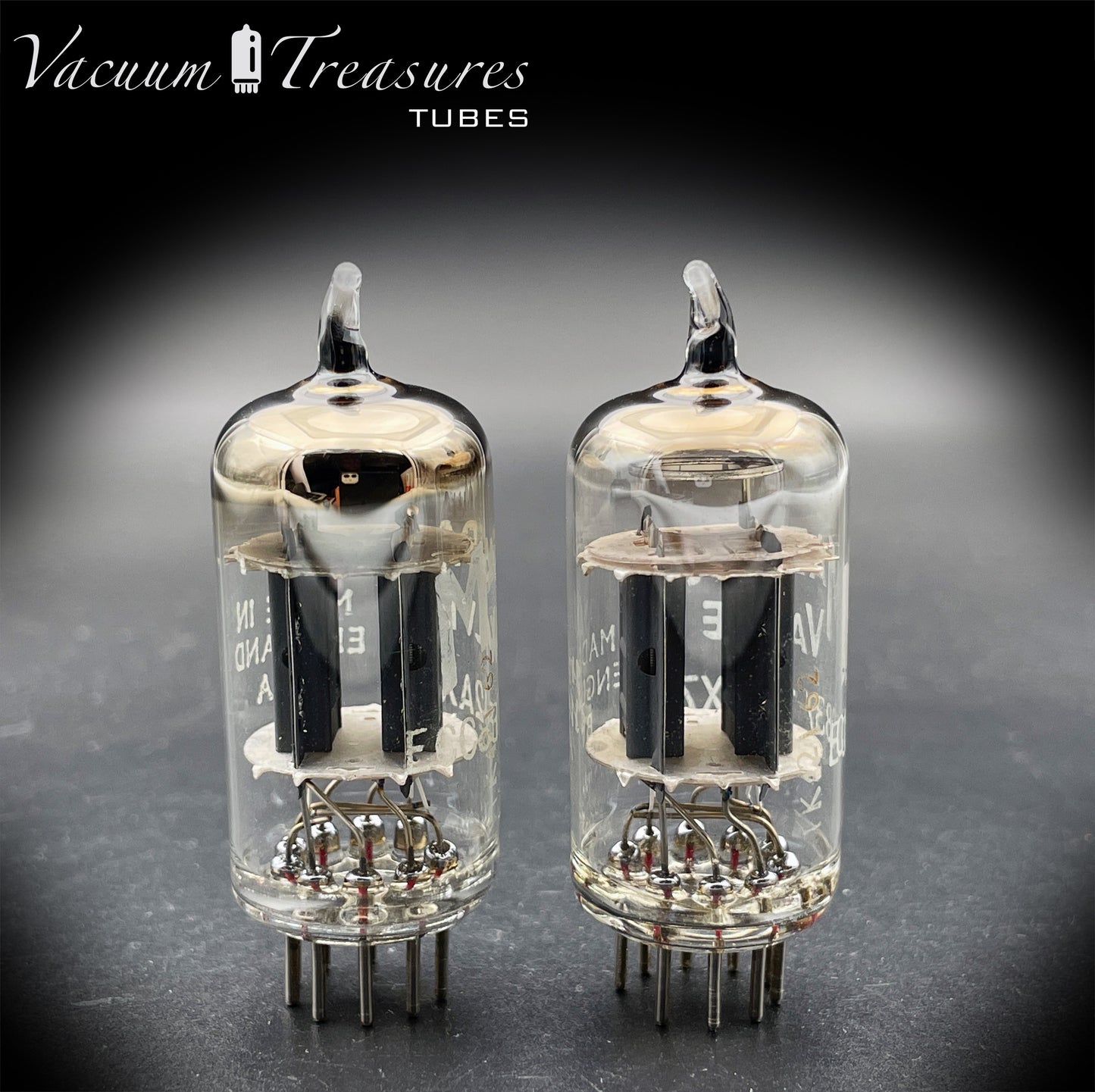 12AX7 / ECC83 Mazda Valve Tested Pair Same Date Codes Short Gray Plates Halo Getter Made in England BVA