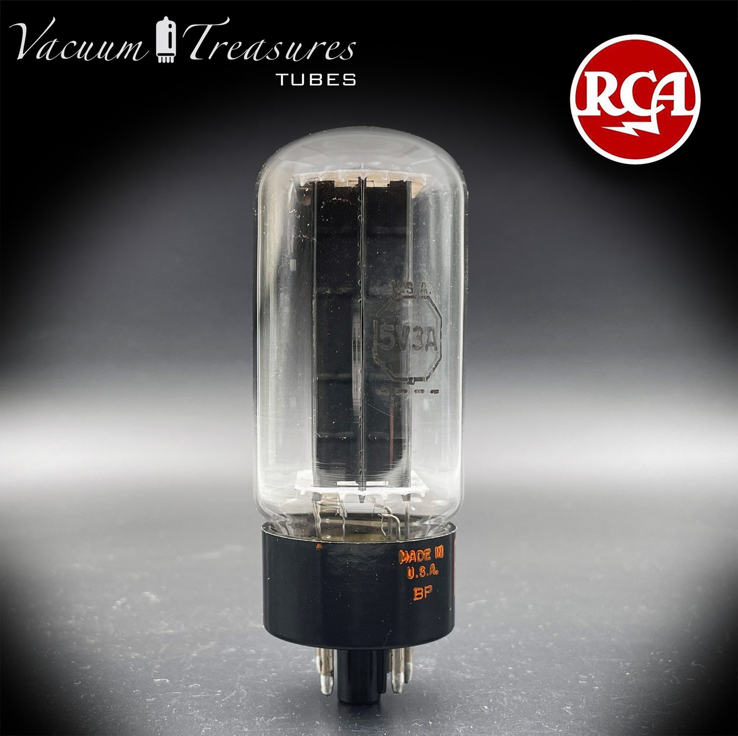 5V3A 5AU4 RCA NOS NIB Black Plates Round Getter Rectifier Tube - Amplitrex Tested - Made in USA