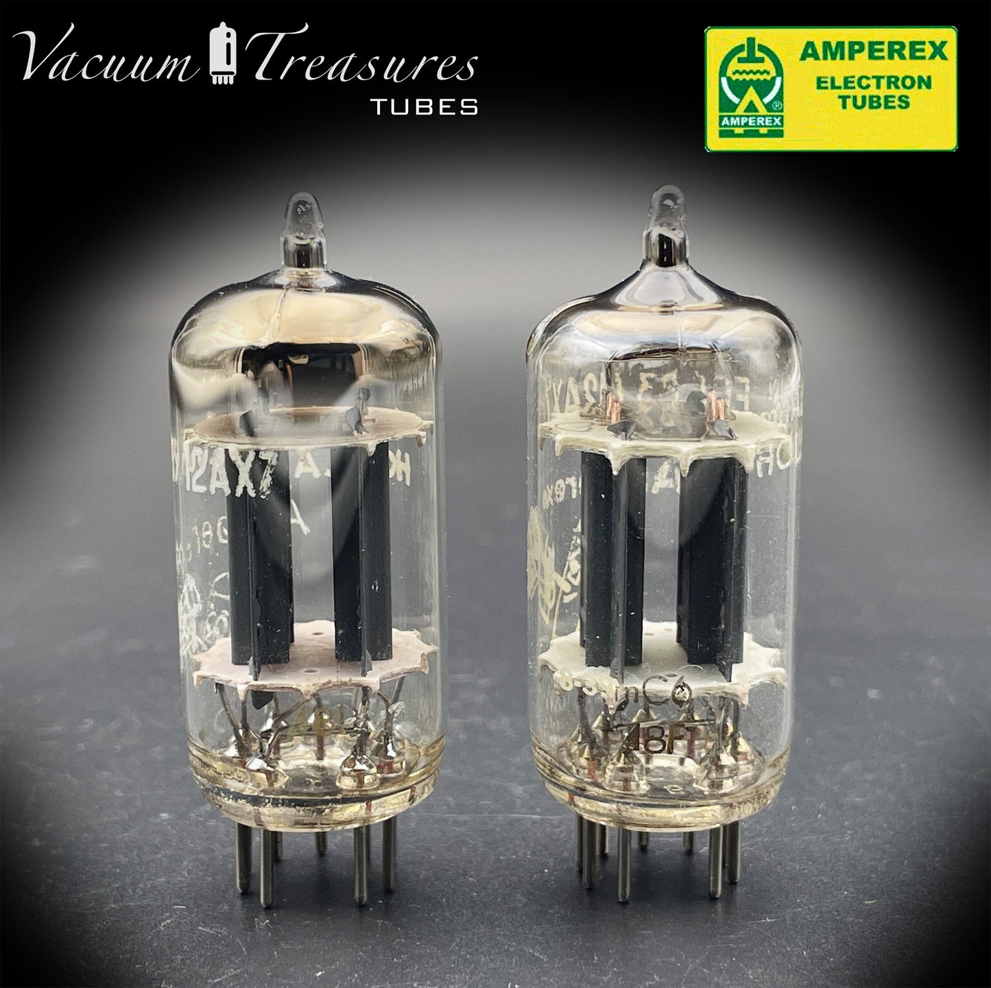 12AX7 / ECC83 NOS Amperex Bugle Boy Matched Pair AMPLITREX Tested Long Plates Foil Getter '58