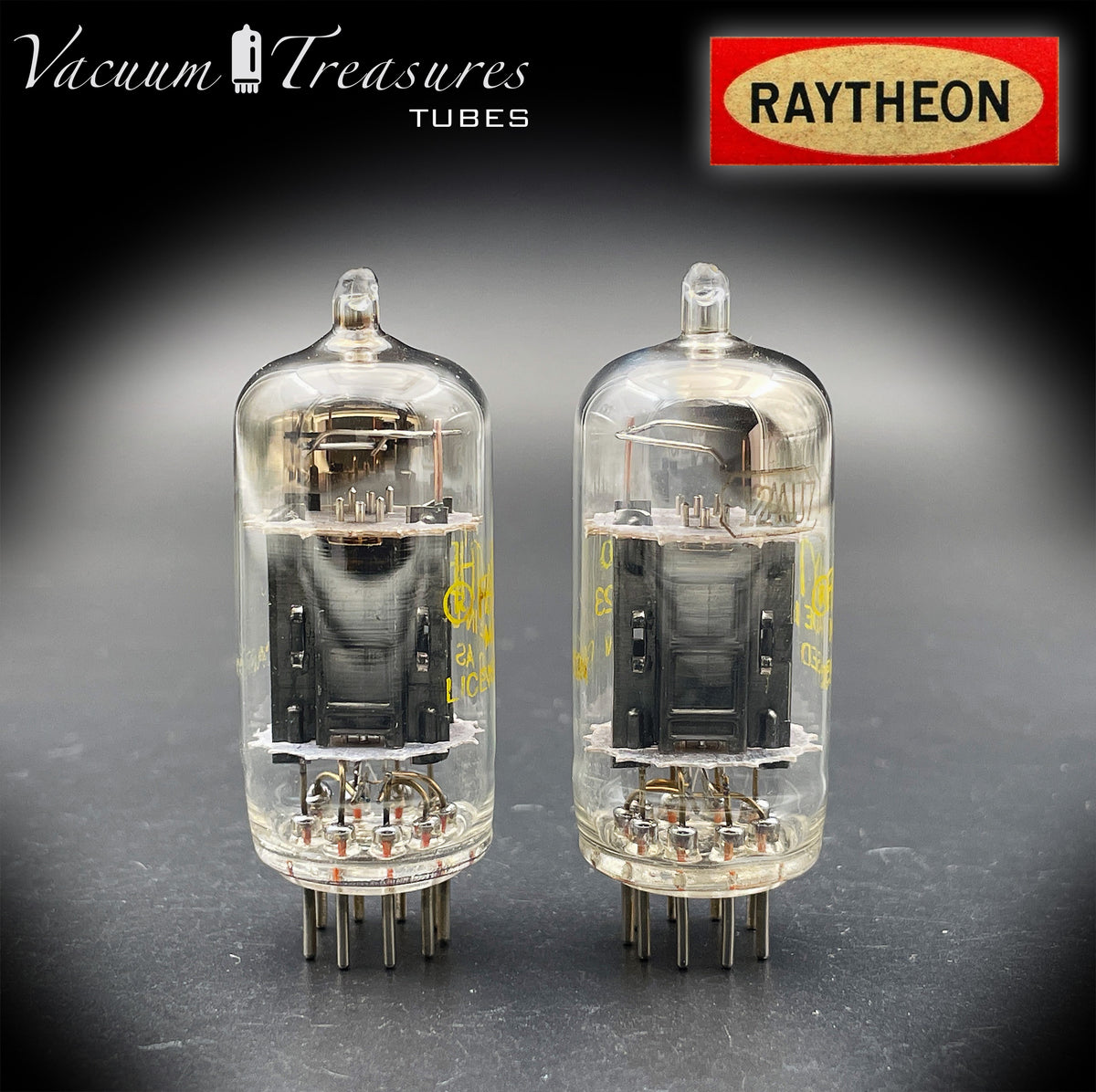 12AU7 / ECC82 RAYTHEON Matched Pair Long Black Plate Square Getter Tested Tubes USA '57