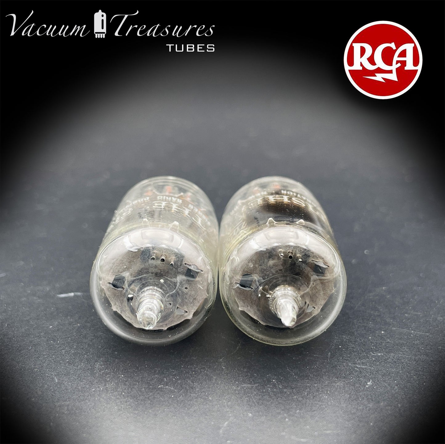 7025 12AX7 RCA Clear Top Matched Pair Long Gray Plates Side D Getter Tubes Made in USA '60s