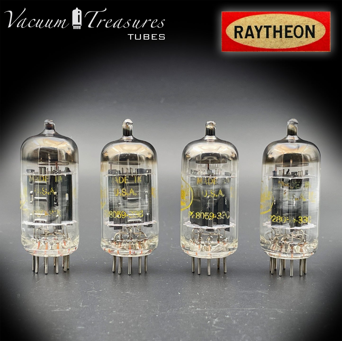 12AU7 ( ECC82 ) NOS RAYTHEON for Baldwin Long Black Plates Halo Getter Matched Tubes Made in USA '59