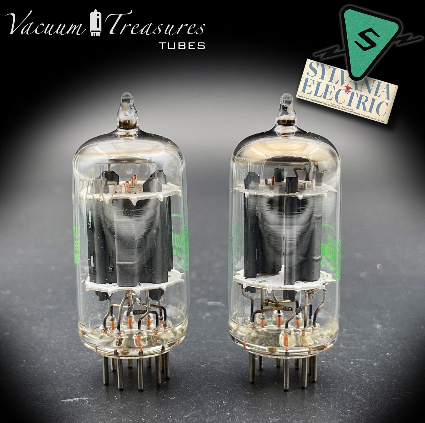 12AX7 ECC83 NOS Baldwin by SYLVANIA – Matched Pair – Long Gray Plates Halo Getter USA 1951
