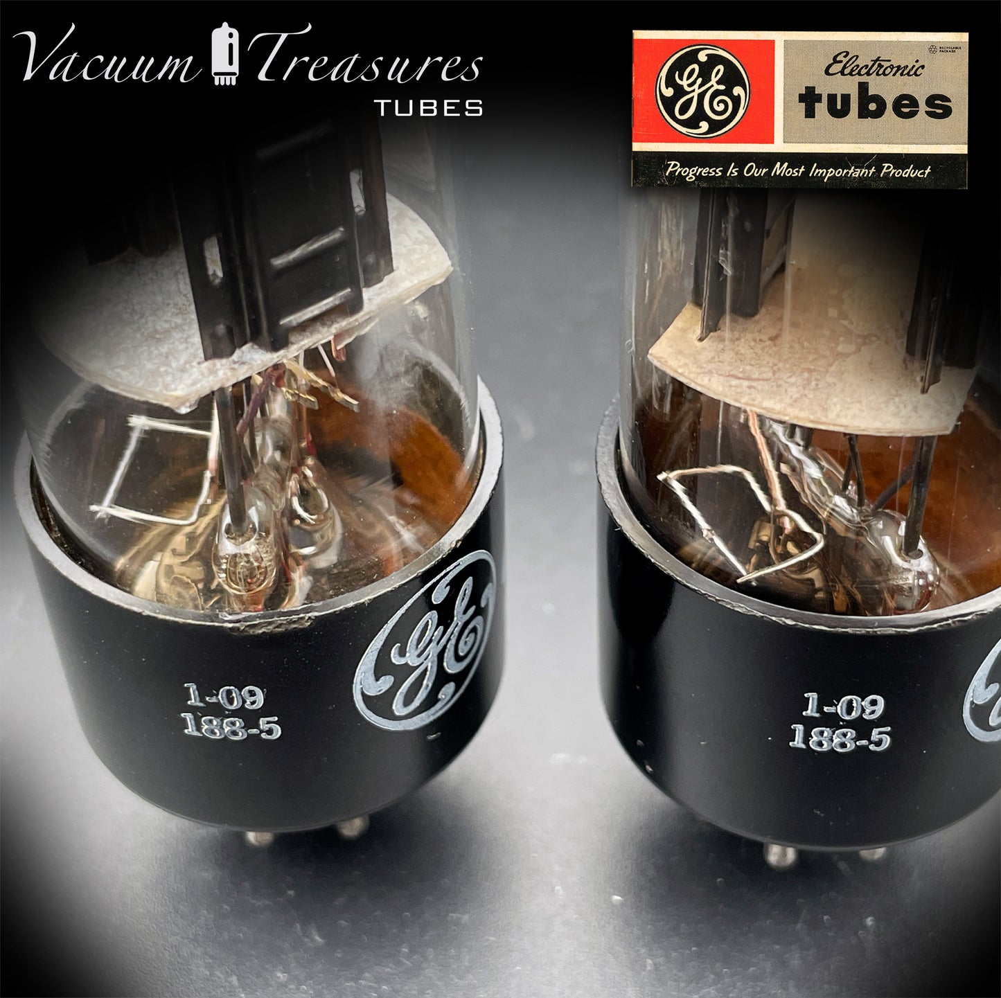 6SN7GT GE Black Plates Square Getter – Tested Pair – STRONG Issue – Made in USA '50s