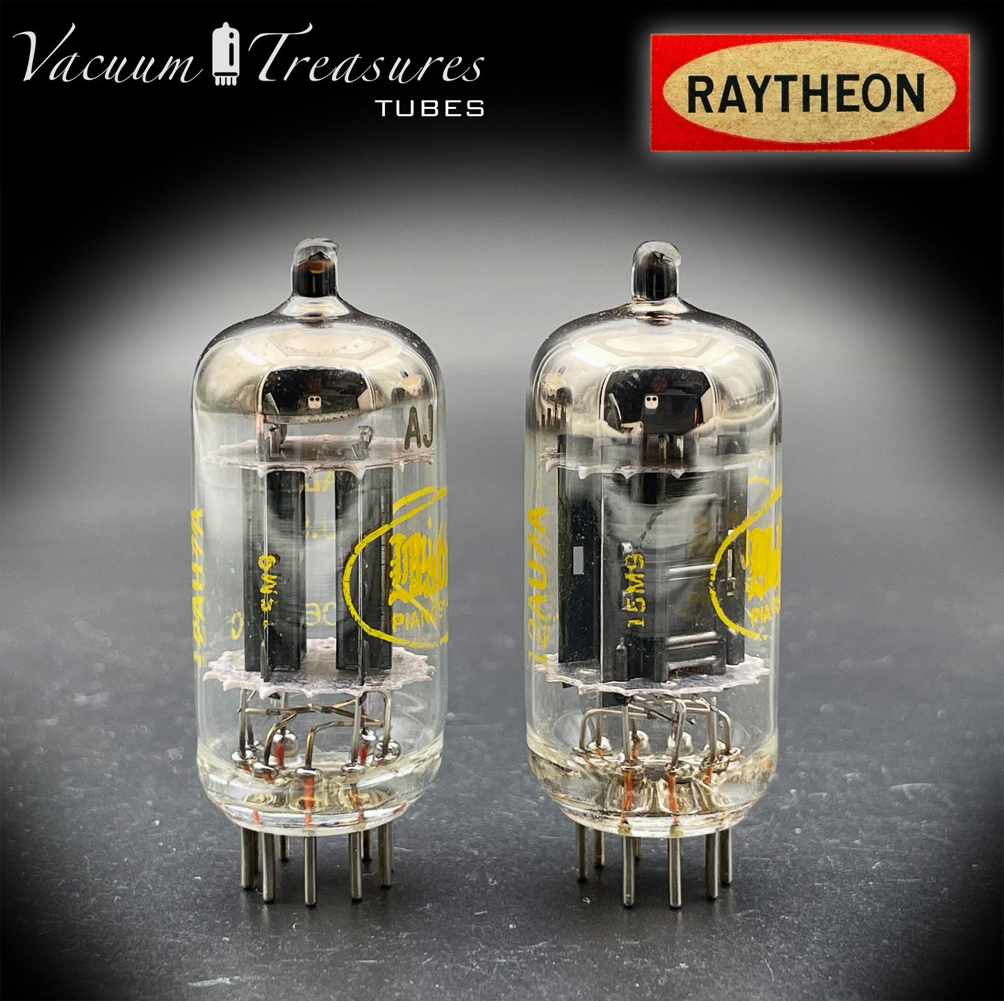 12AU7A / ECC82 NOS Baldwin by RAYTHEON Matched Pair Tubes Long Black Plates Halo Getter Made in USA '61