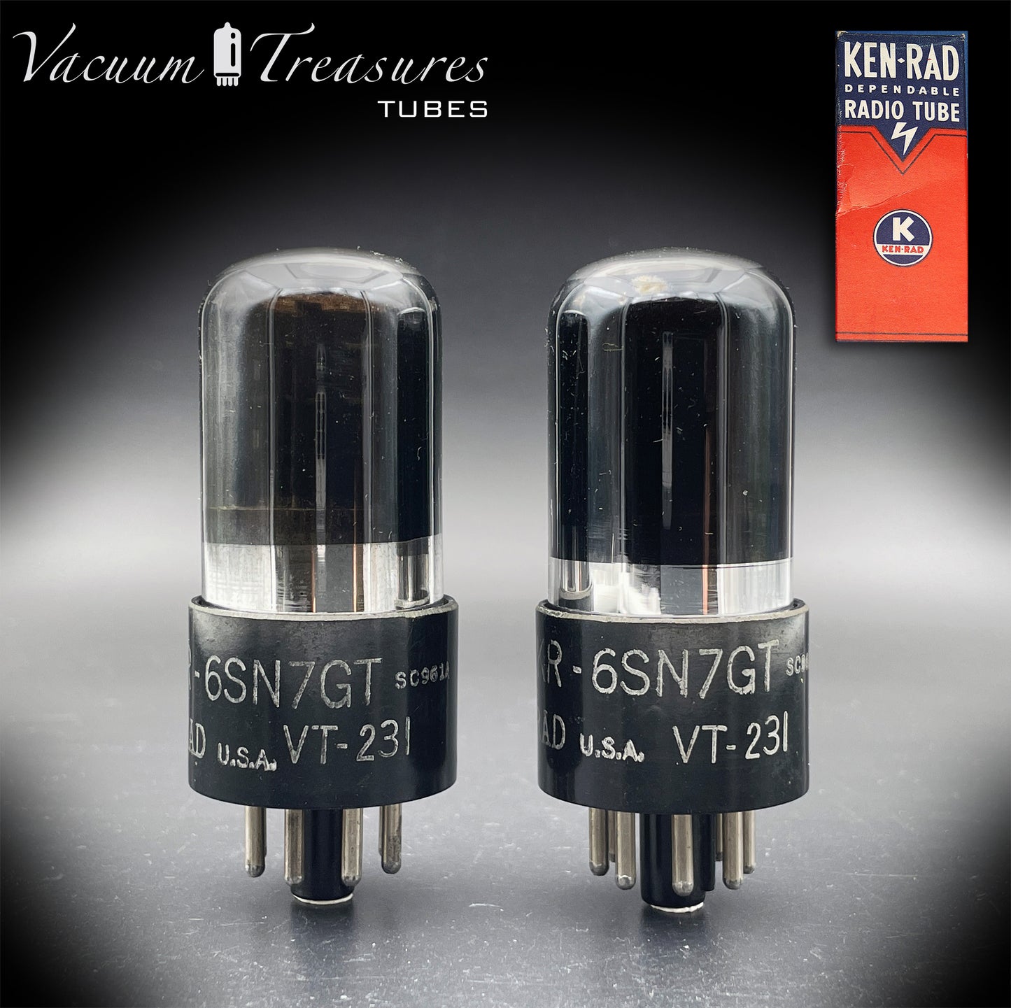6SN7GT VT-231 KEN-RAD Black Plates Black Glass Foil Getter – Matched Pair – Made in USA anni ’40