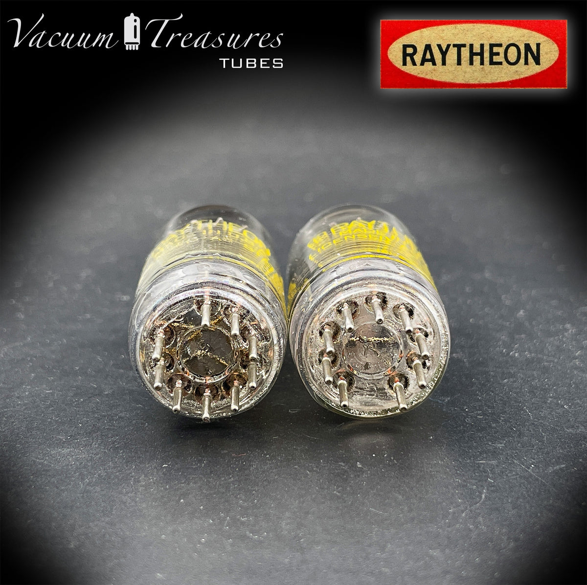 12AU7 / ECC82 RAYTHEON Matched Pair Long Black Plate Square Getter Tested Tubes USA '57