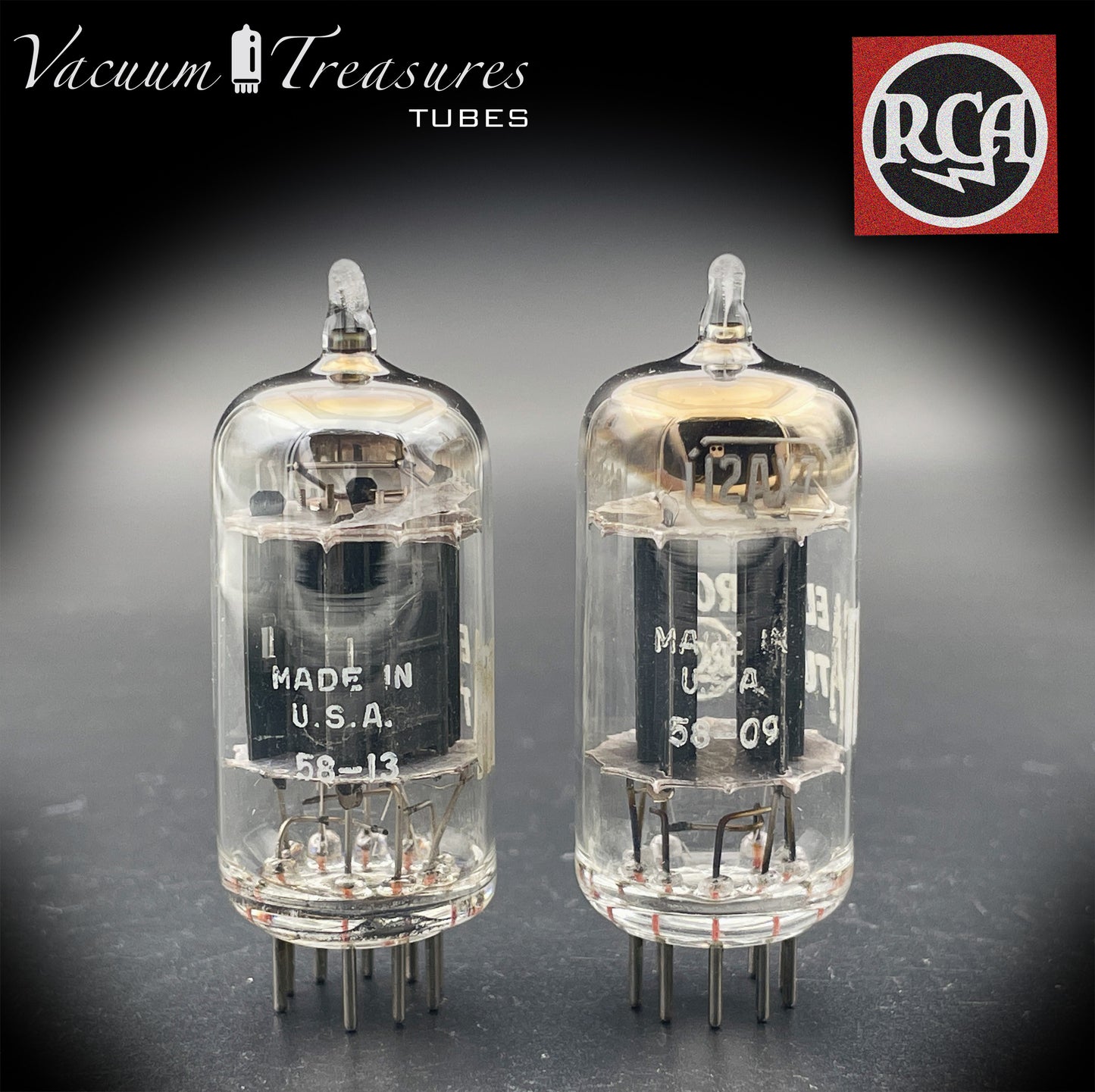 12AX7 / ECC83 RCA Matched Pair Long Black Plates Square Tilt getter Made in USA '58