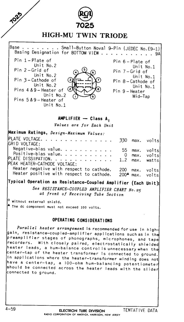 7025 12AX7 RCA Clear Top Long Gray Plates Side D Getter Tested Tube Made in USA '60s