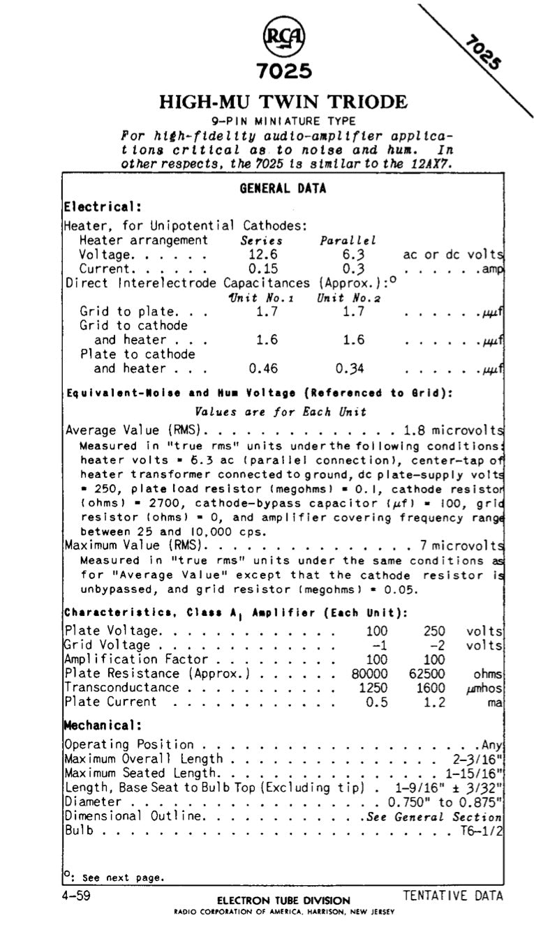 7025 12AX7 RCA Clear Top Long Gray Plates Side D Getter Tested Tube Made in USA '60s