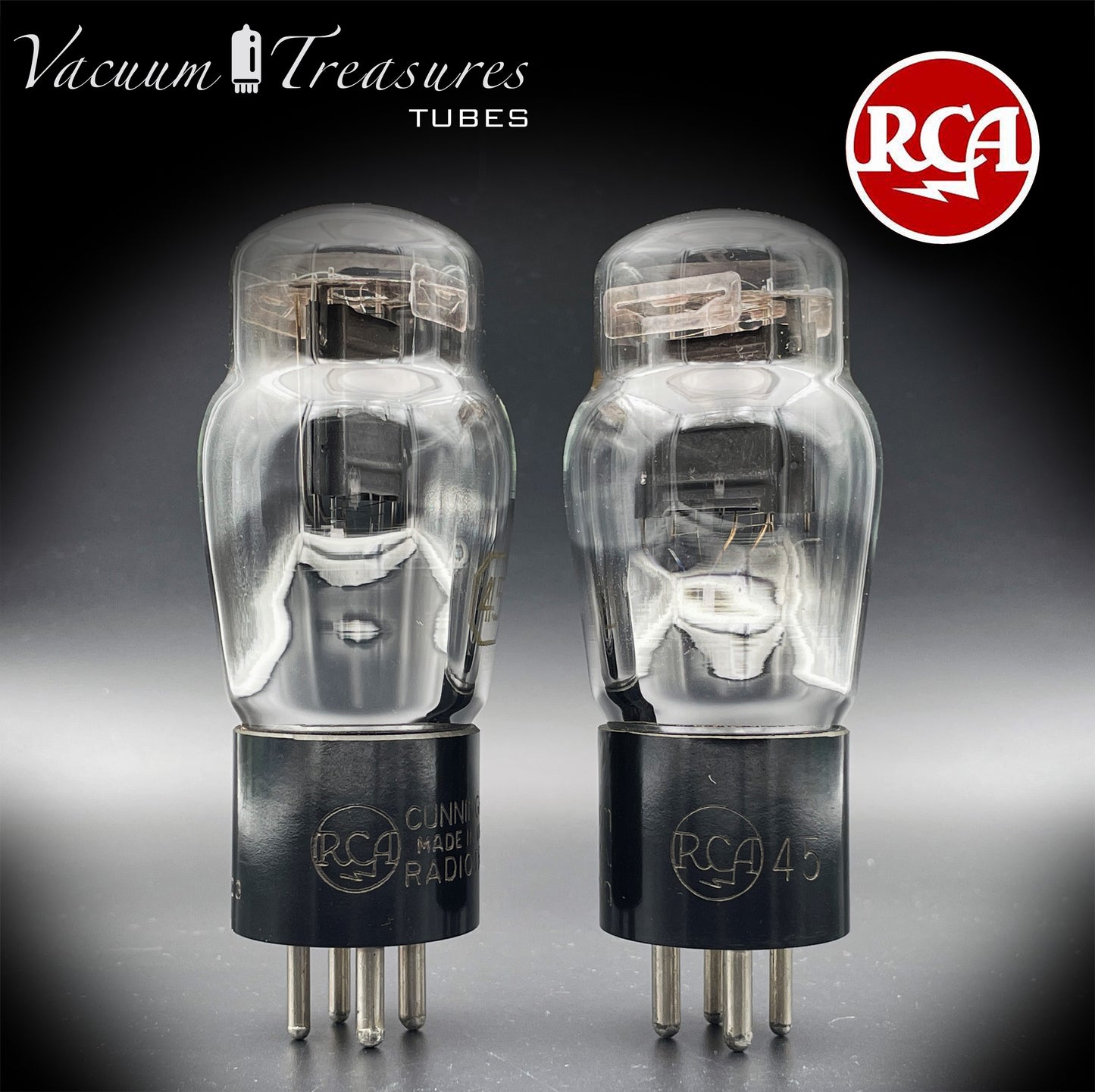 45 ST RCA Cunningham Matched Pair Black Plates Foil Dimpled Getter Radiotron Tubes Made in USA 1930's