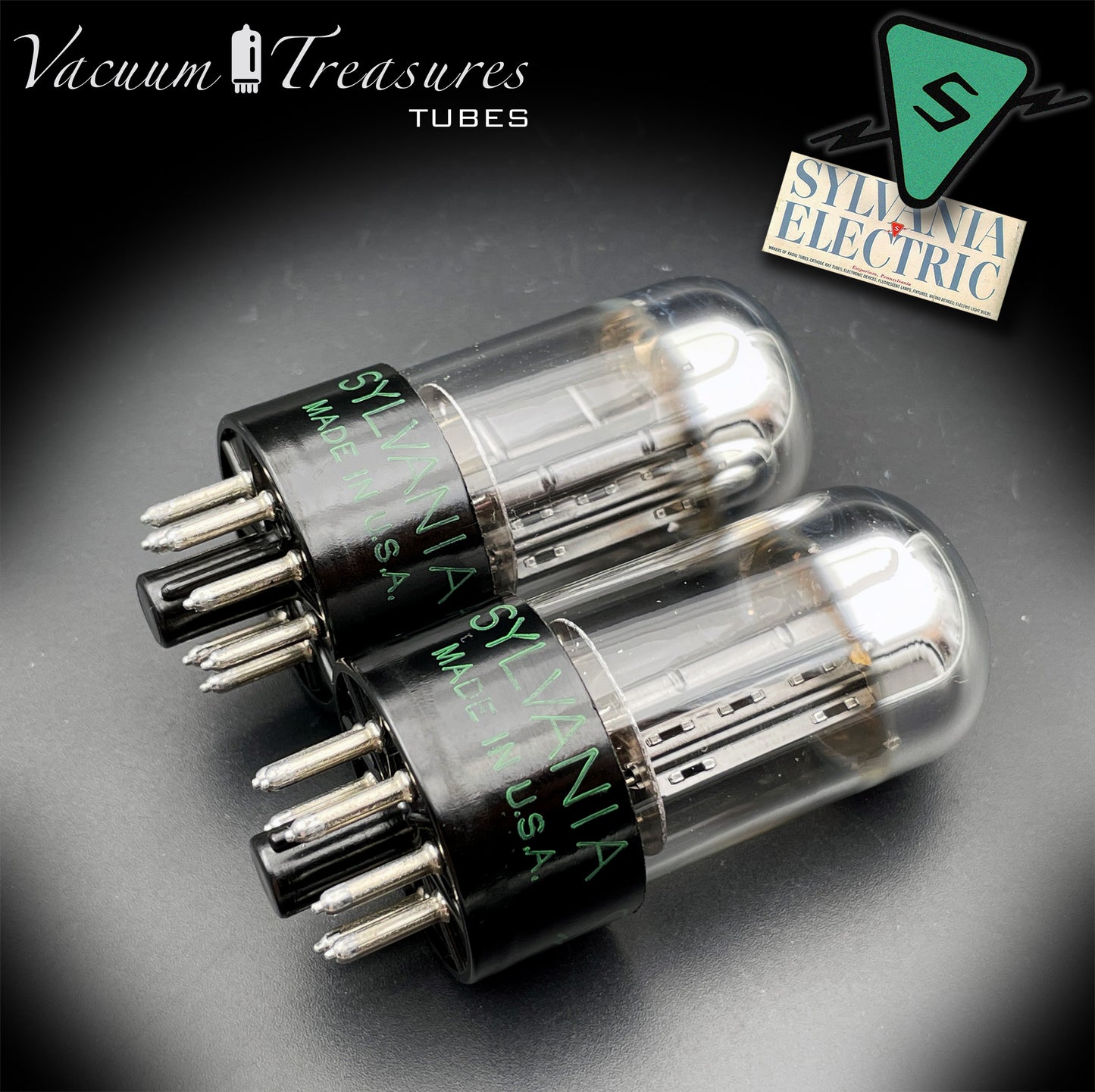 6SN7GTB NOS SYLVANIA CHROME TOP Green Dot Matched Pair Black Plates Tubes USA '50s