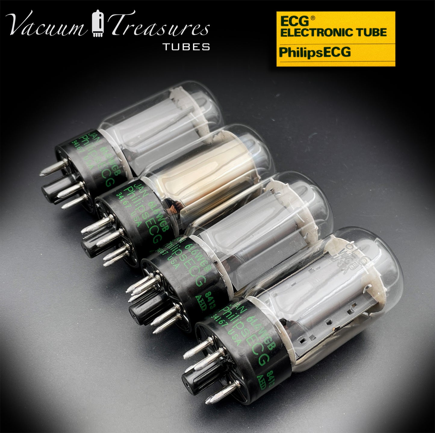 JAN 6L6WGB PHILIPS ECG Matched Quad Gray Plates Side Halo Getter AMPLITREX Tested – Same Date Code – NOS NIB