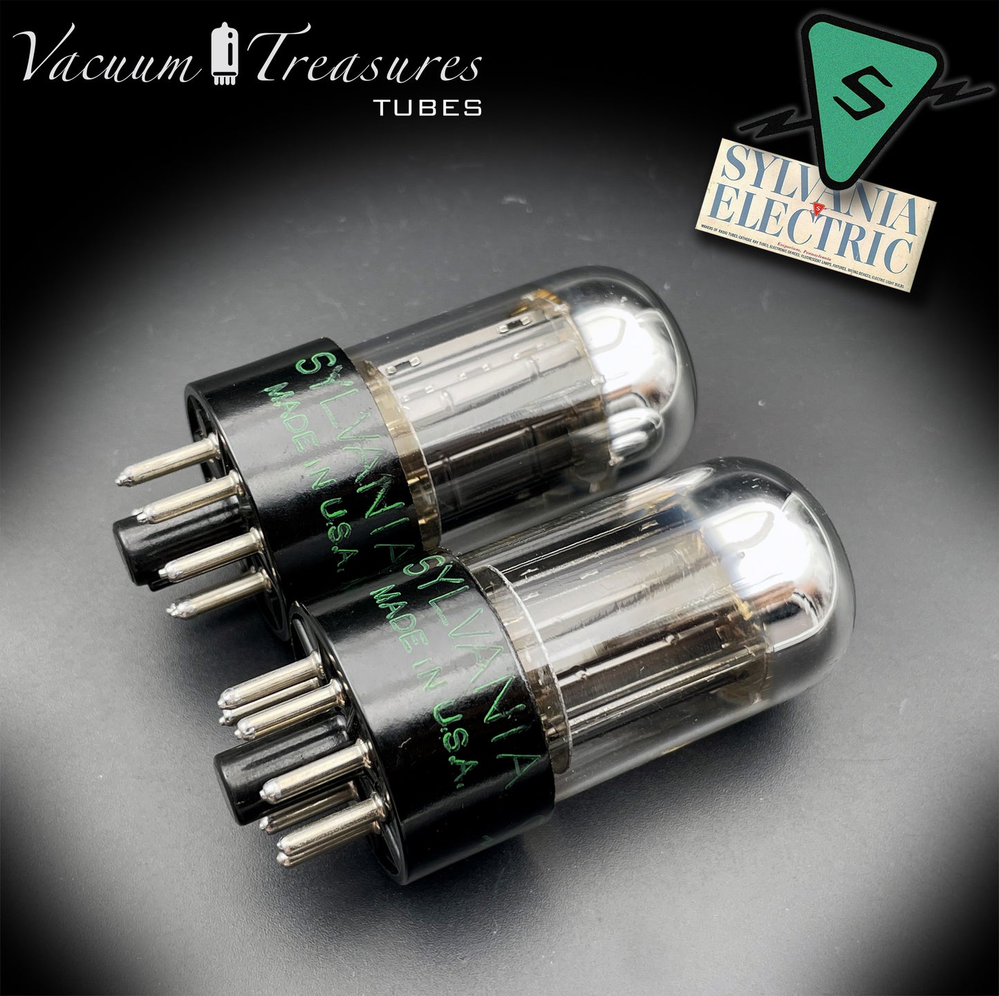 6SN7GTB NOS SYLVANIA CHROME TOP Matched Pair Low Noise & Mic Black Plates Tubes USA 1955