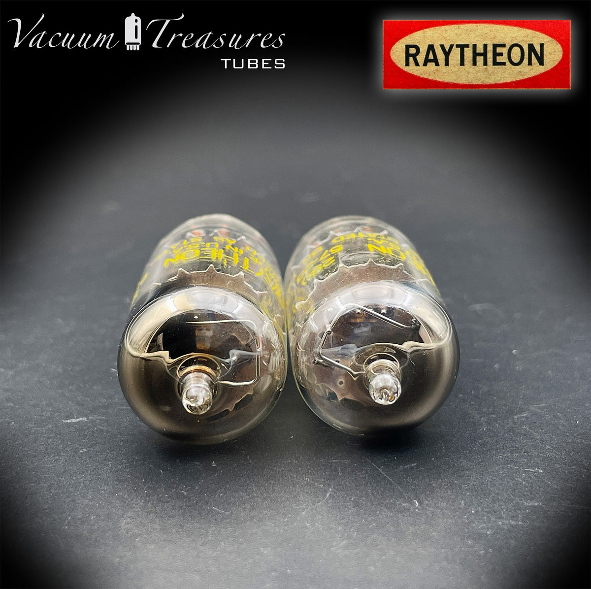12AU7 / ECC82 RAYTHEON Matched Pair Long Black Plate Square Getter Tested Tubes USA '57
