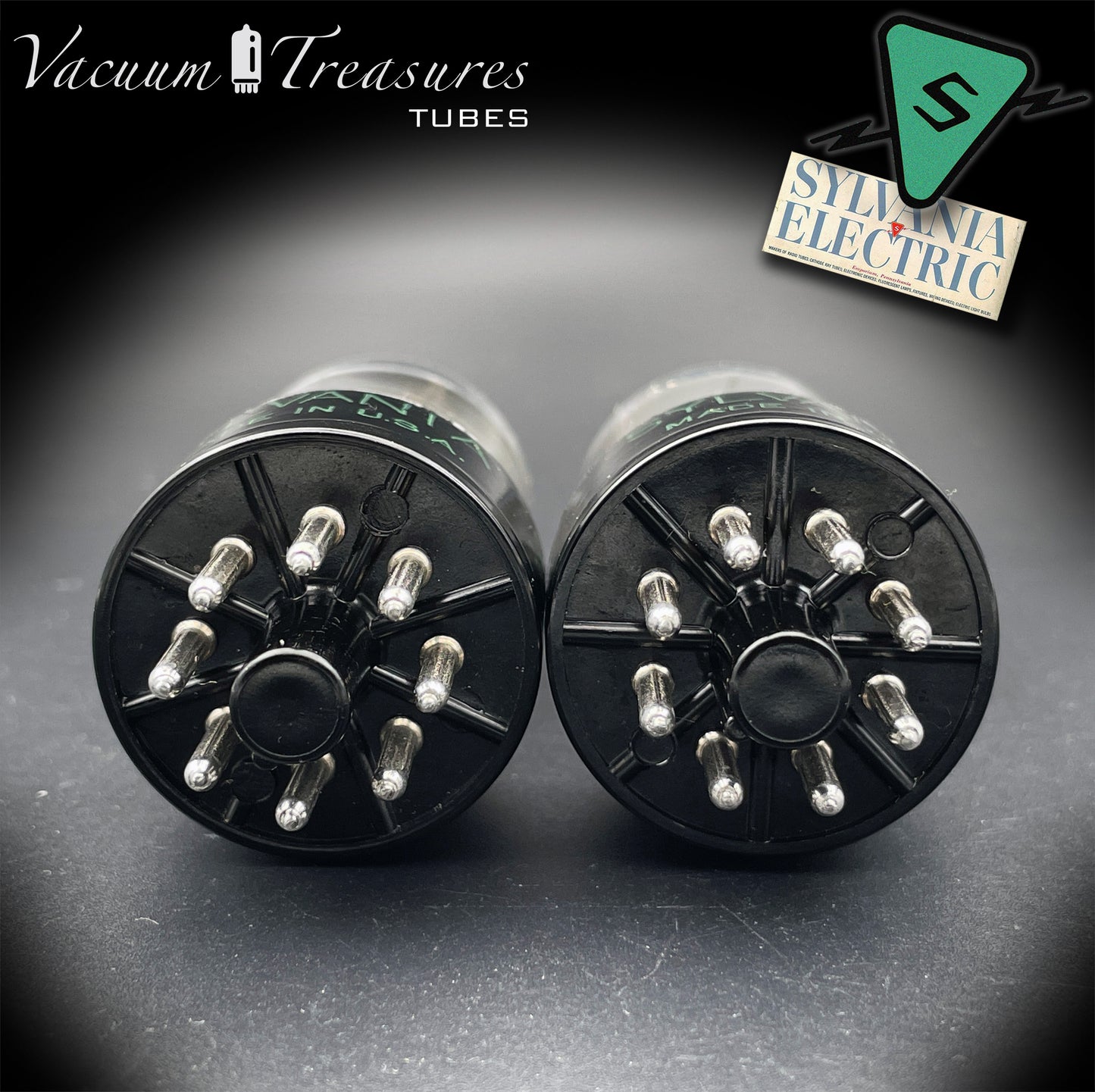 6SN7GTB NOS SYLVANIA CHROME TOP Green Dot Matched Pair Black Plates Tubes USA '50s
