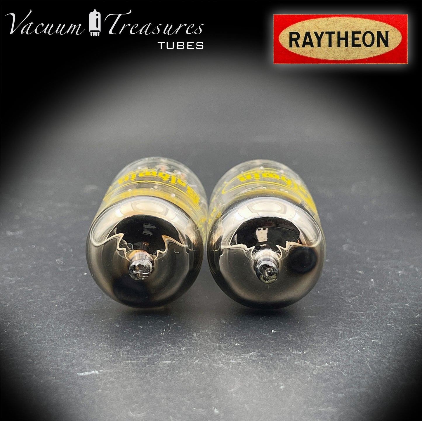 12AU7A / ECC82 NOS Baldwin by RAYTHEON Matched Pair Tubes Long Black Plates Halo Getter Made in USA '61