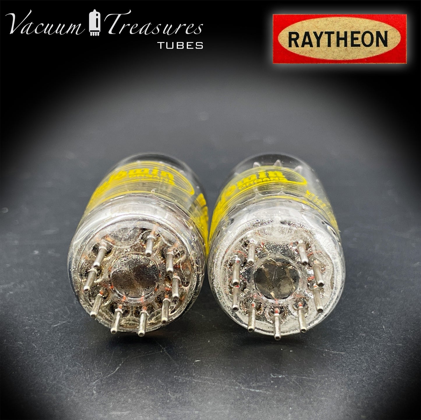 12AX7A ECC83 Baldwin RAYTHEON Matched Pair Tubes – Long Black Plates Halo Getter USA 1960s