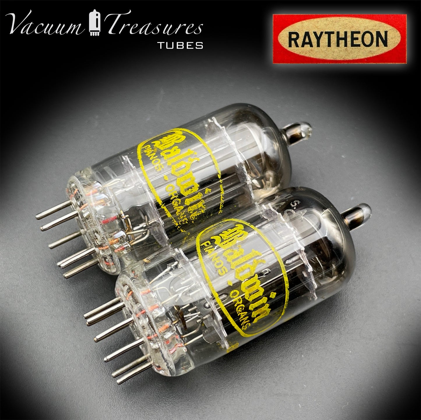 12AX7A ECC83 Baldwin RAYTHEON Matched Pair Tubes – Long Black Plates Halo Getter USA 1960s