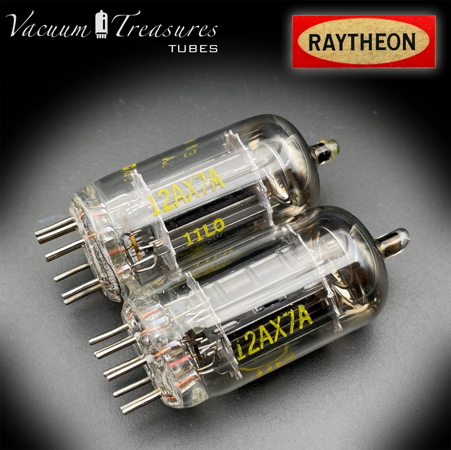 12AX7A ECC83 Baldwin Raytheon Matched Pair Tubes – Long Black Plates Halo Getter USA 1960s