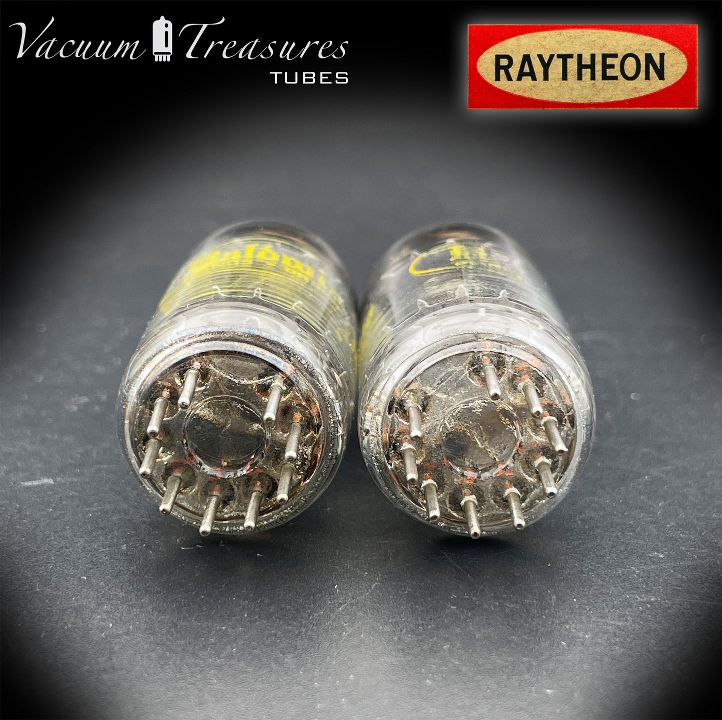 12AU7A / ECC82 Baldwin by RAYTHEON Matched Pair Tubes Long Black Plates Halo Getter Made in USA '60s
