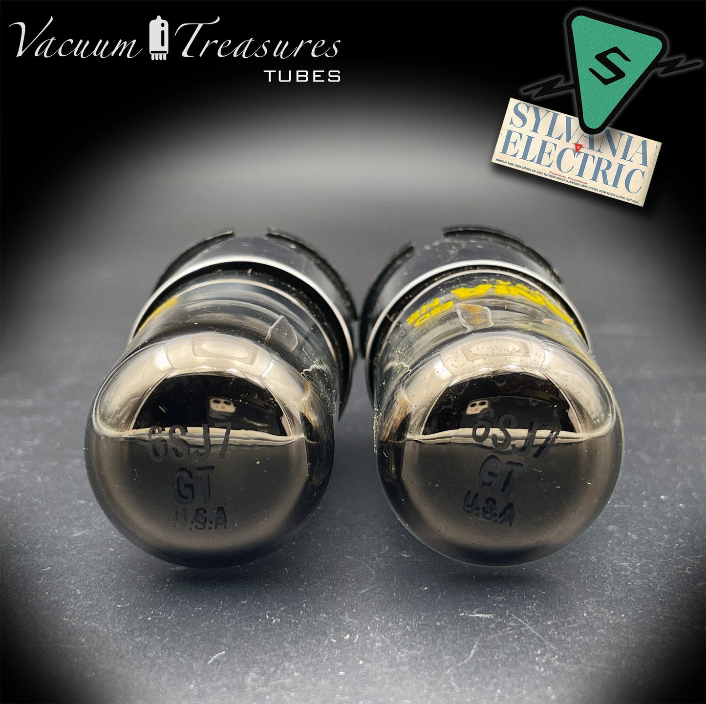 6SJ7GT SYLVANIA Matched Pair Metal Base Black Plates Halo Getter Made in USA '60s