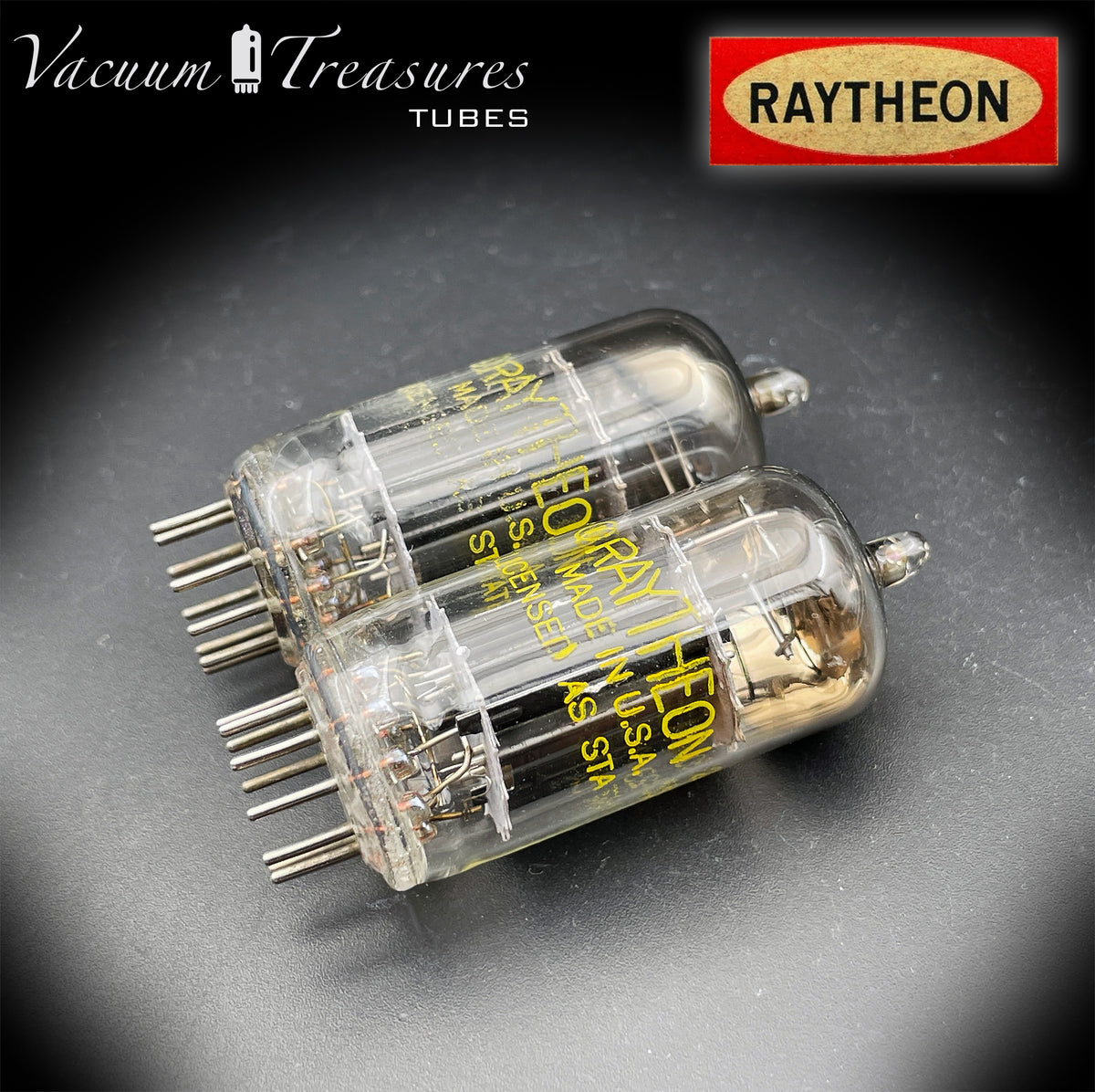 12AU7 / ECC82 RAYTHEON Matched Pair Long Black Plate Square Getter Tested Tubes USA '57