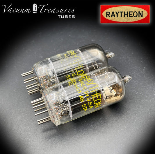 12AU7 / ECC82 RAYTHEON Matched Pair Long Black Plate Square Getter Tested Tubes USA '57