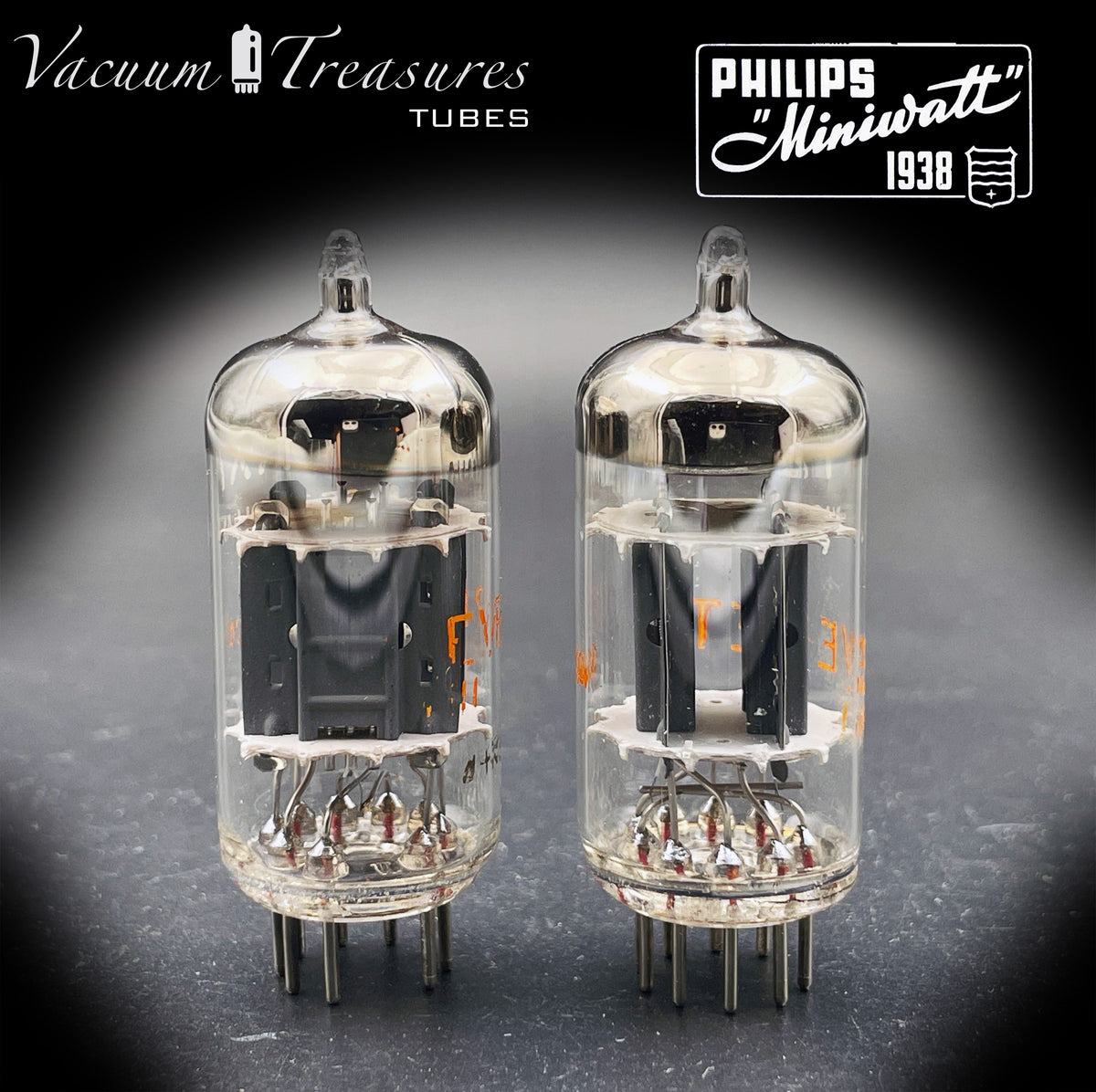 12AX7 / ECC83 NOS EVERETT by Philips Heerlen Matched Pair 1964 Short Gray Plates HOLLAND MADE