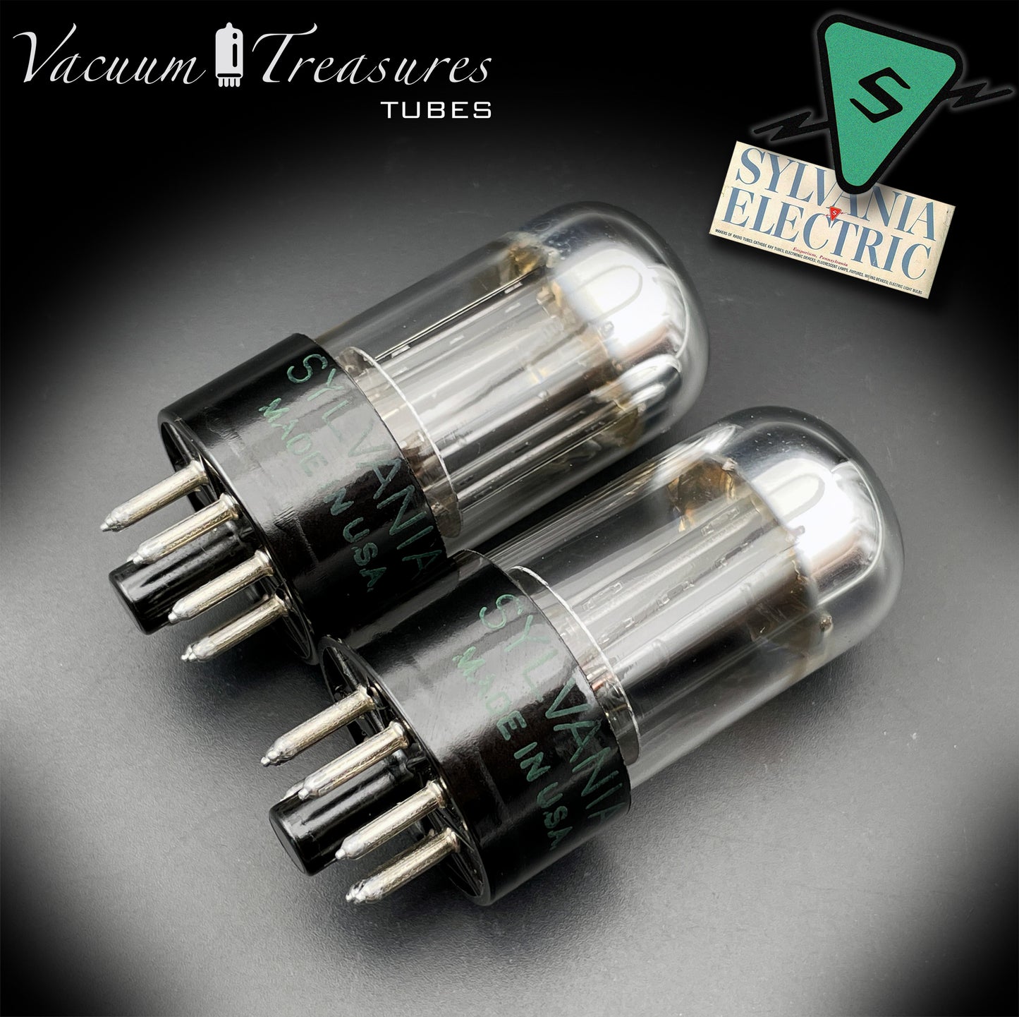 6SN7GTB NOS SYLVANIA CHROME TOP Green Dot Matched Pair Black Plates Tubes USA '50s