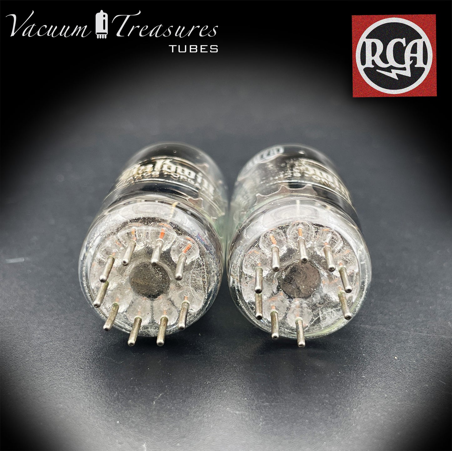 12AU7 / ECC82 Baldwin by RCA AMPLITREX Matched Pair Clear Top Long Gray Plates Side D Getter Tubes