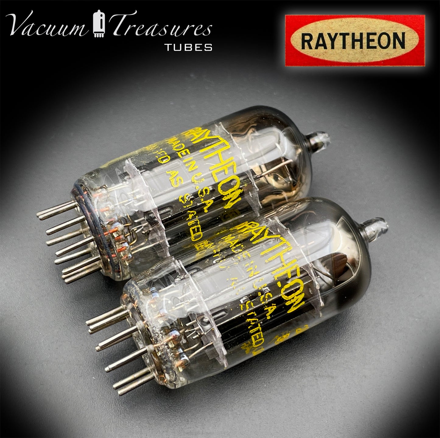 12AU7 ECC82 RAYTHEON Matched Pair Long Black Plates Square Getter Tubes USA '58