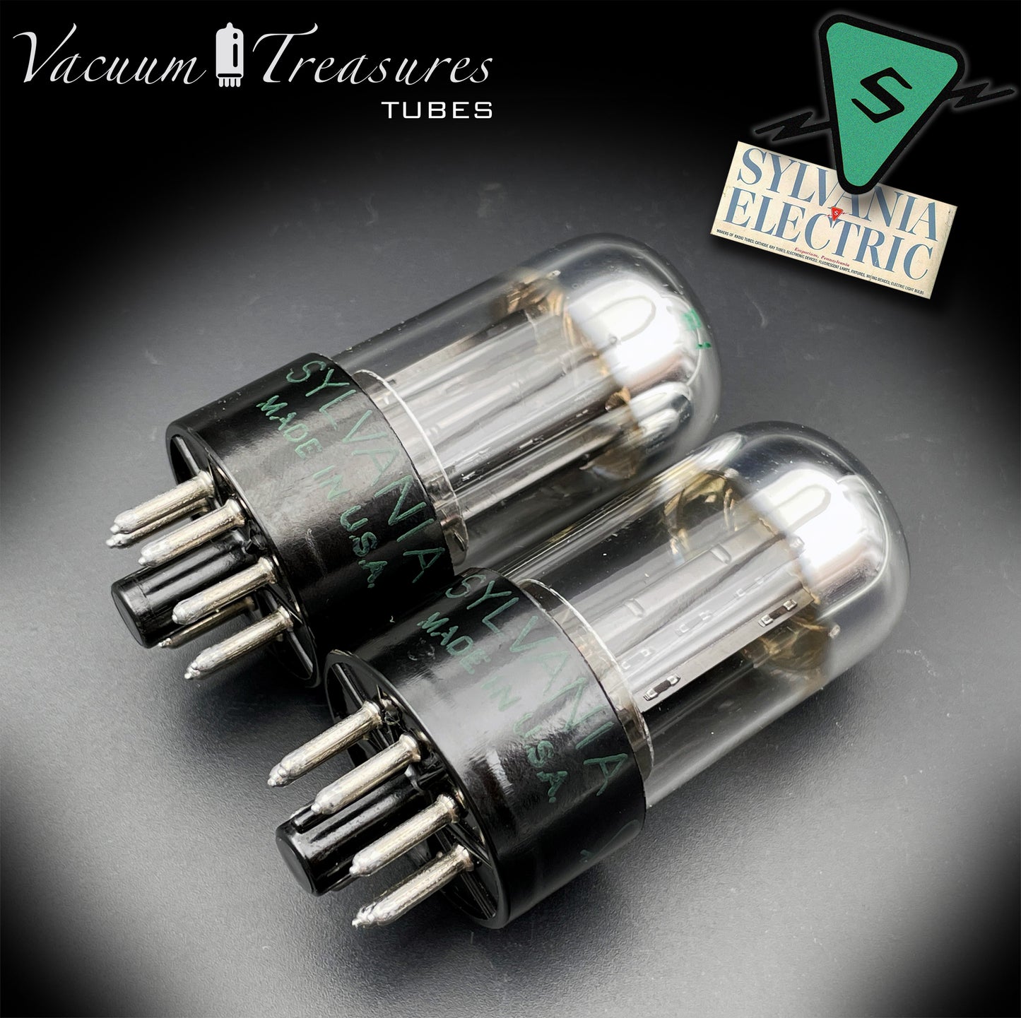 6SN7GTB NOS SYLVANIA CHROME TOP Green Dot Matched Pair Black Plates Tubes USA '50s