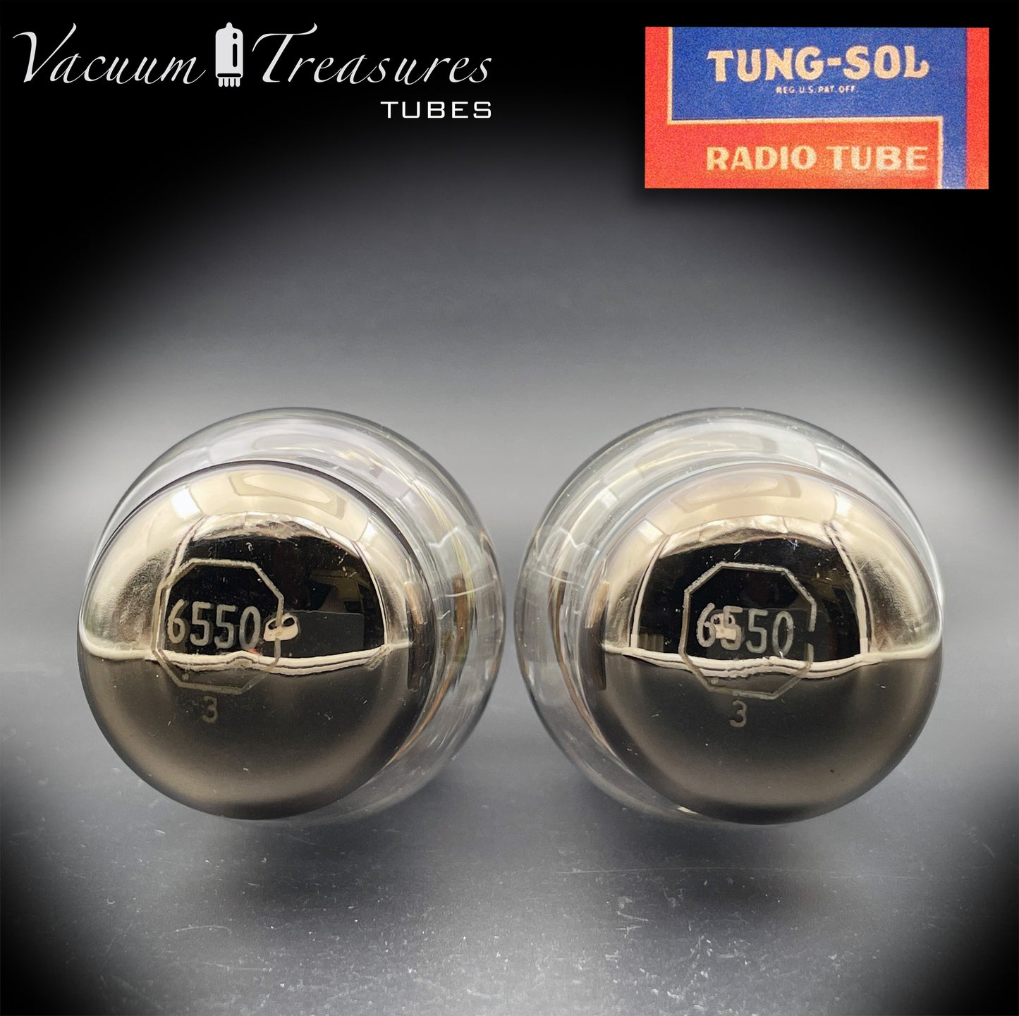 6550 TUNG-SOL Vintage Type 1 - 1st Generation Black Plates Triple Square Top Getter No holes Tested Pair Tubes Made in USA