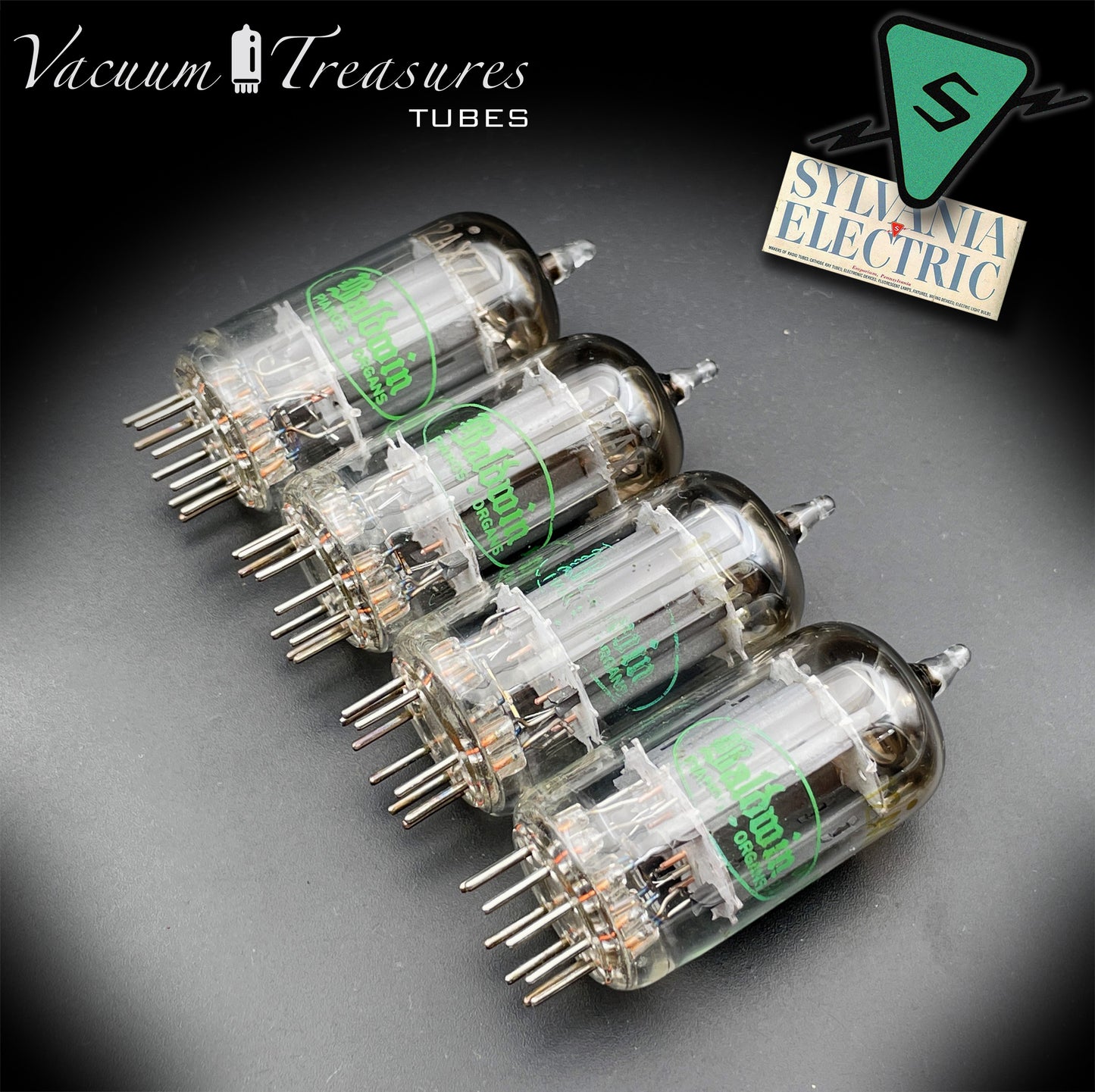 12AX7 ECC83 NOS Baldwin by Sylvania – Low Noise Matched Quad – Long Gray Plates Halo Getter USA 1951