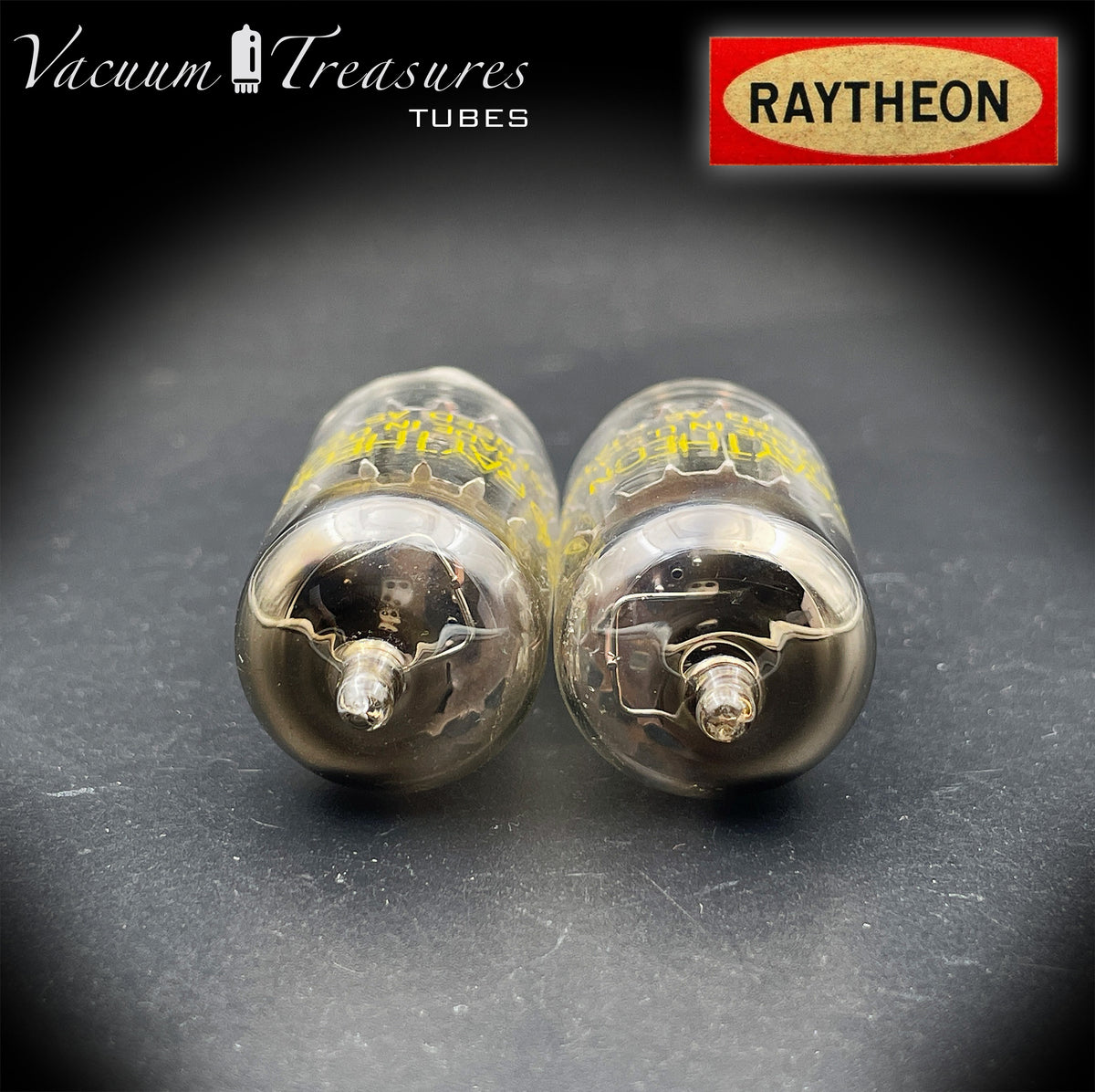 12AU7 / ECC82 RAYTHEON Matched Pair Long Black Plate Square Getter Tested Tubes USA '57