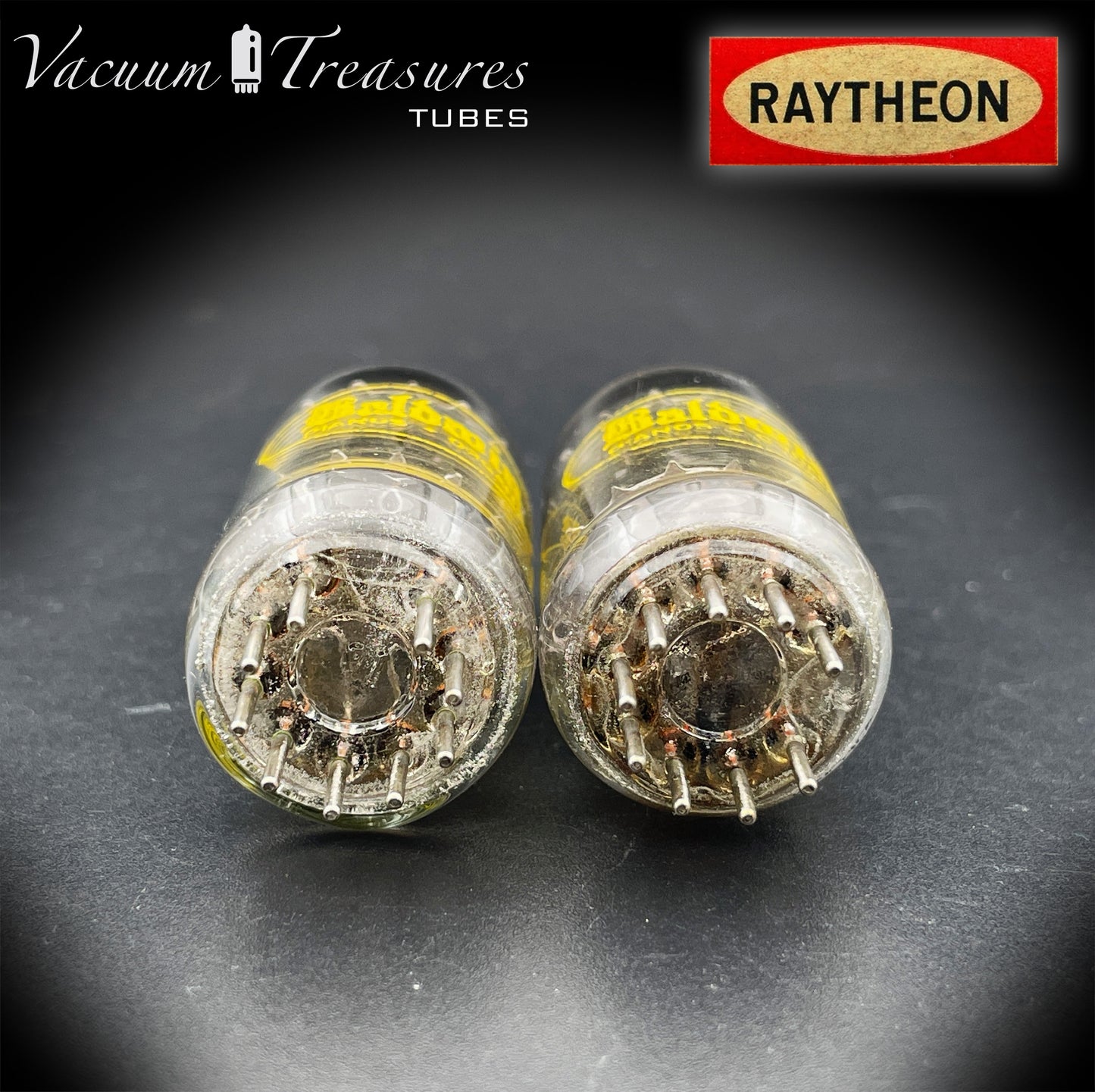 12AU7A / ECC82 NOS Baldwin by RAYTHEON Matched Pair Tubes Long Black Plates Halo Getter Made in USA '61