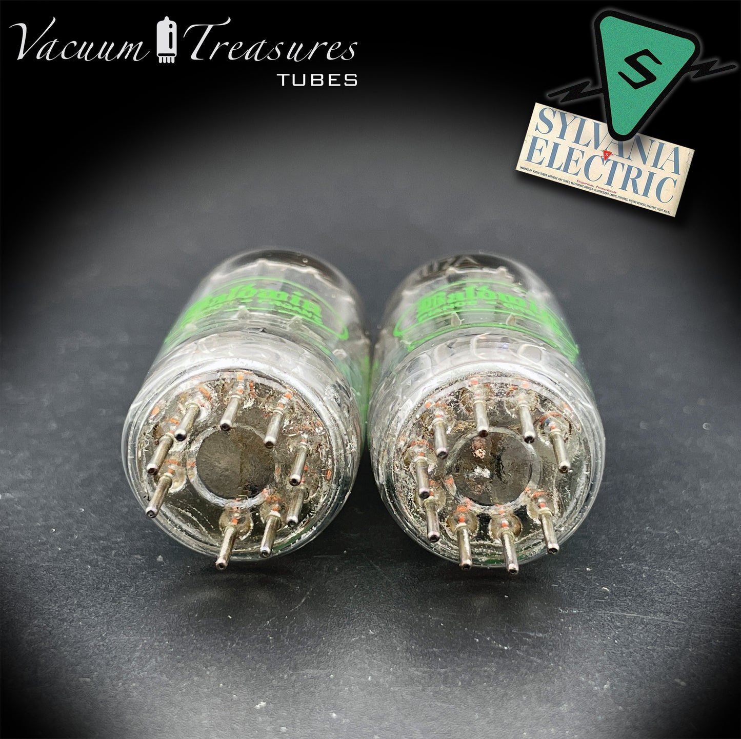 12AU7A / ECC82 NOS Baldwin by SYLVANIA Long Gray Plates Halo Getter Matched Pair Tubes Made in USA '60s