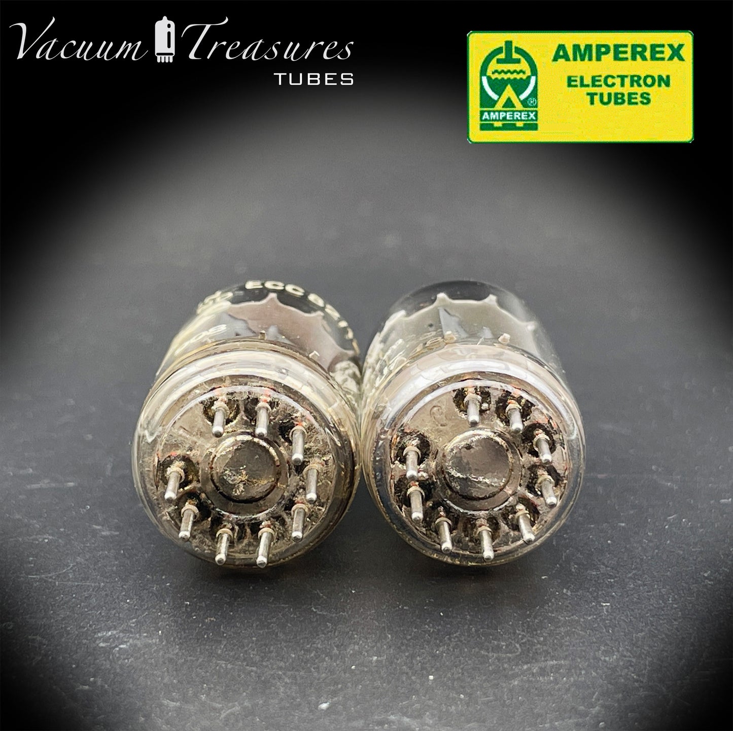 ECC82 ( 12AU7 ) CV491 AMPEREX Bugle Boy 17mm Plates Foil Getter Matched Pair Valve Tubes MADE IN HOLLAND '50s