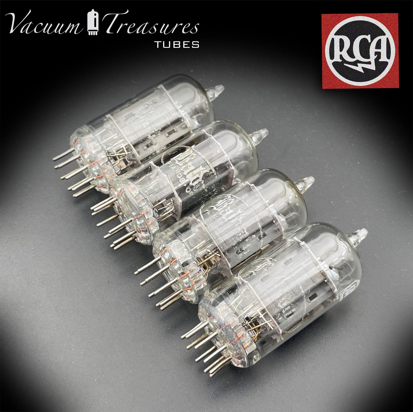 12AU7 / ECC82 Baldwin by RCA AMPLITREX Matched Quad Clear Top Long Gray Plates Side D Getter Tubes