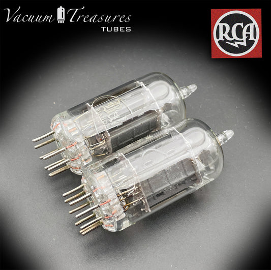 12AU7 / ECC82 Baldwin by RCA AMPLITREX Matched Pair Clear Top Long Gray Plates Side D Getter Tubes