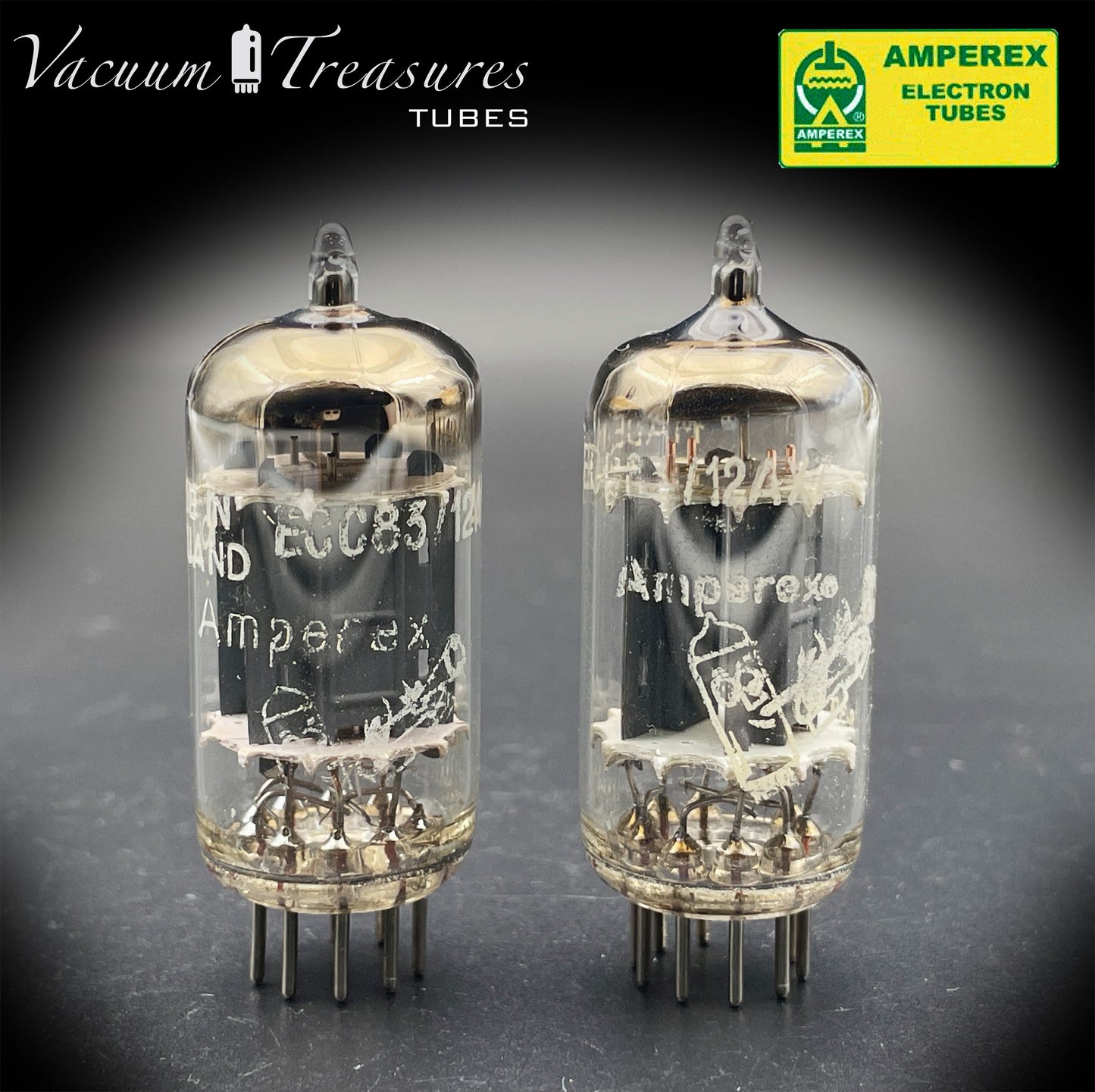 12AX7 / ECC83 NOS Amperex Bugle Boy Matched Pair AMPLITREX Tested Long Plates Foil Getter '58