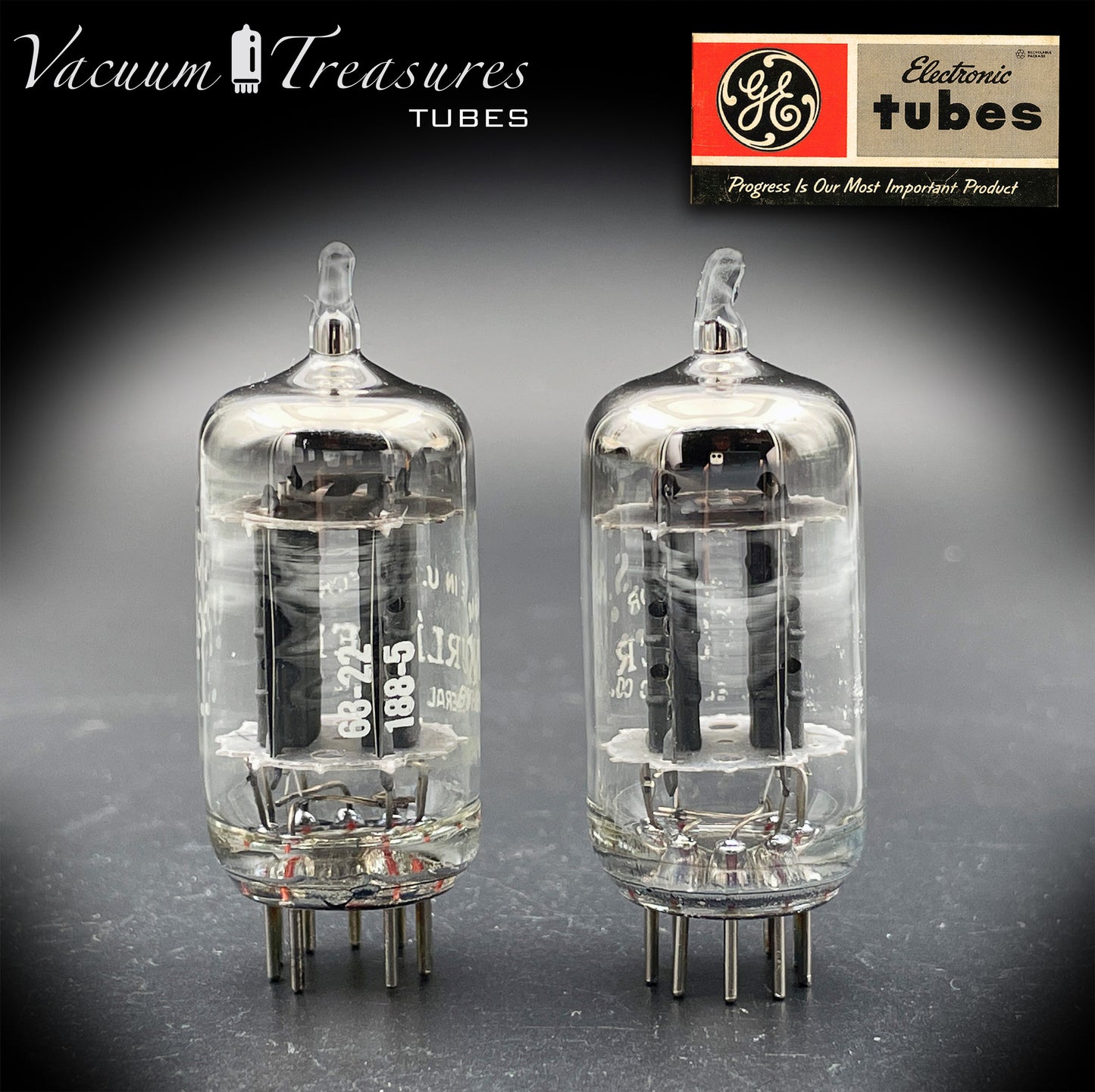 12AX7 / ECC83 Wurlitzer by GE Matched Pair Long Gray Plates Halo Getter Made in USA '63