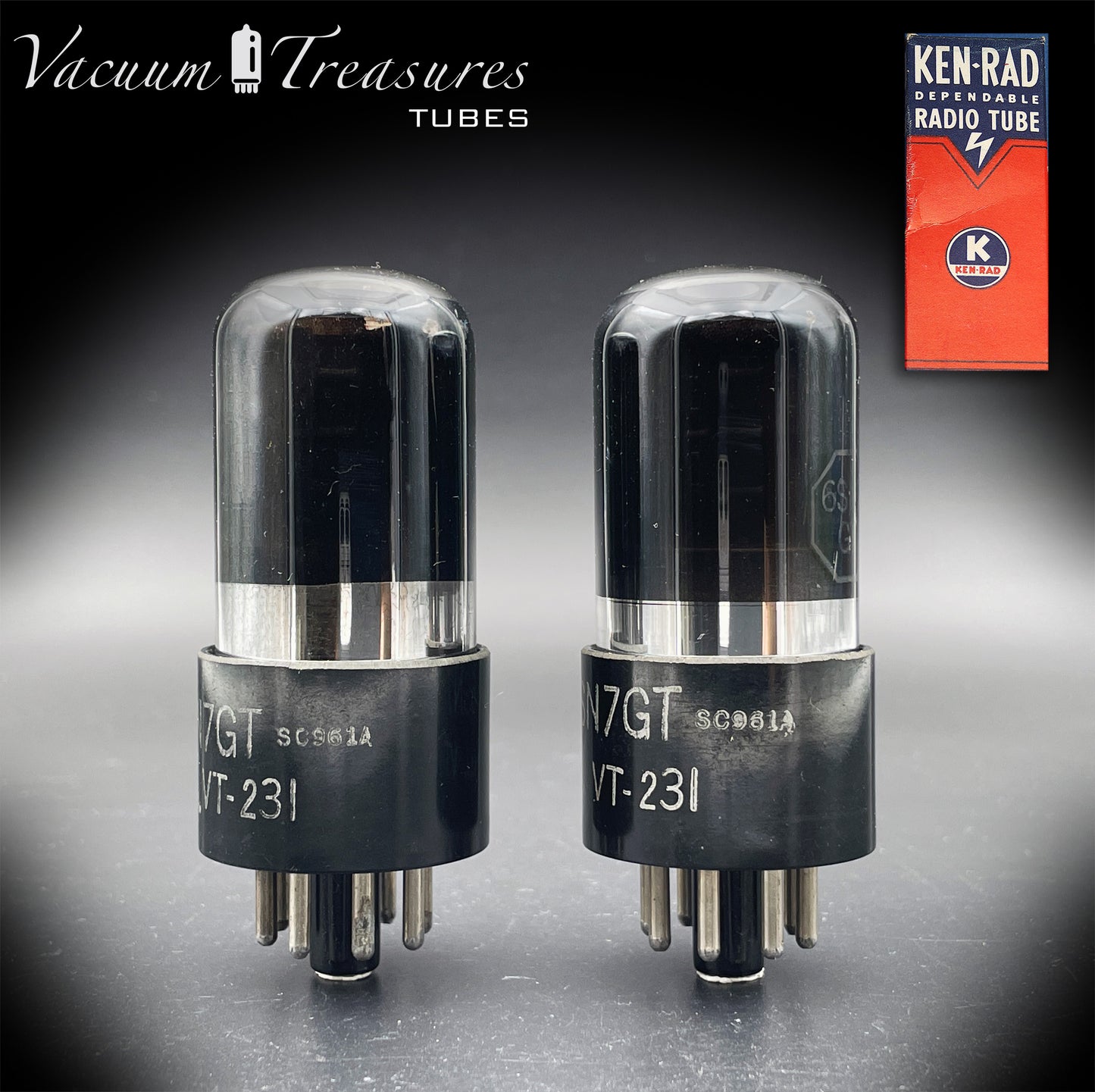 6SN7GT VT-231 KEN-RAD Black Plates Black Glass Foil Getter – Matched Pair – Made in USA anni ’40