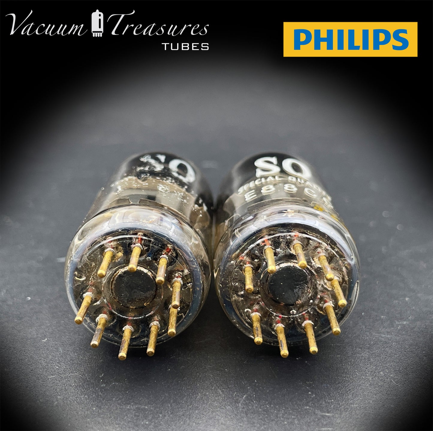 E88CC ( 6922 ) PHILIPS Special Quality Matched Pair Halo Getter Gold Pin Tubes Made in Holland '60s