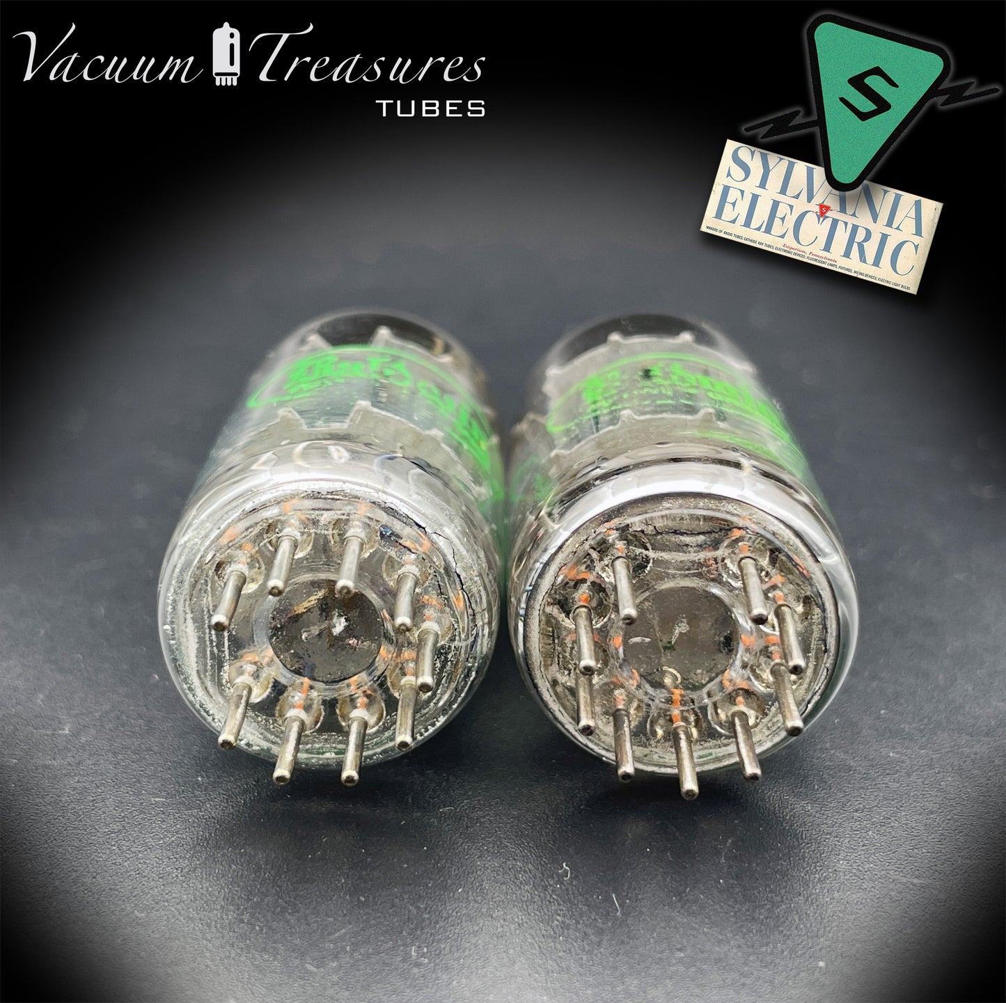 12AX7 ECC83 Baldwin by SYLVANIA – Tested Pair – Long Gray Plates Halo Getter Made in USA