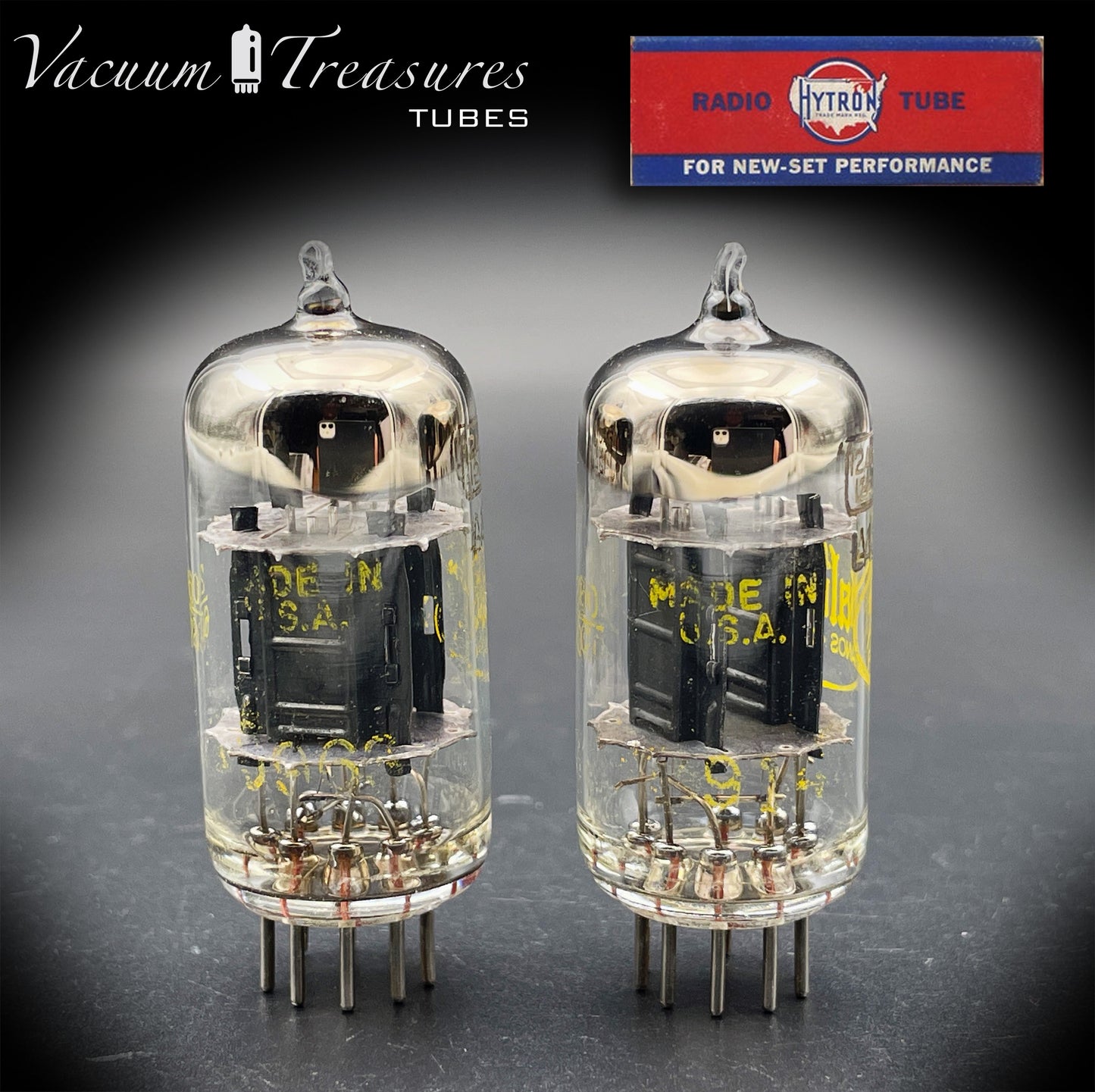 12AU7A ECC82 Baldwin / HYTRON Matched Pair Black Plates Halo Getter Tested Tubes USA