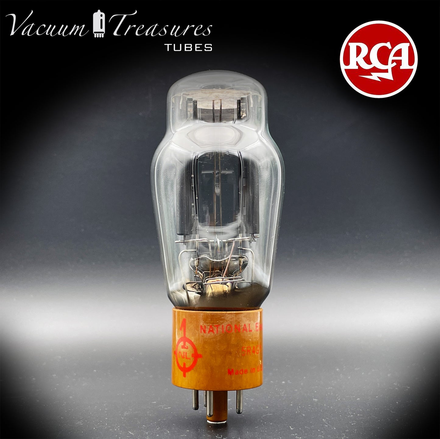 5R4GY INTERNATIONAL (RCA) – Black Plates Brown Base – Hanging Filaments – NOS NIB – Made in USA '50s